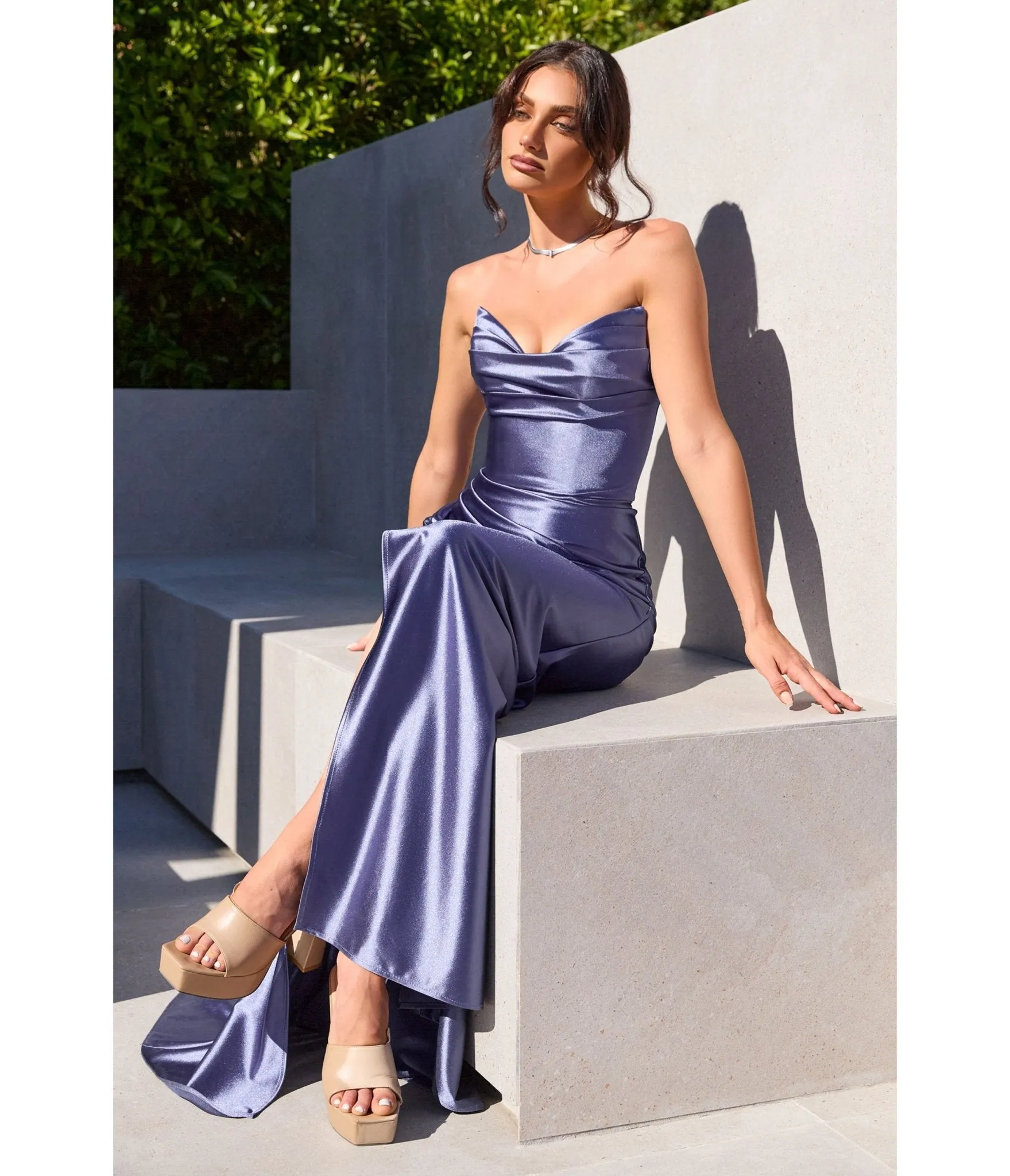 LaDivine by Cinderella Divine Smoky Blue Draped Corset Gown with Lace-Up Back sold by Unique Vintage product image thumbnail 2