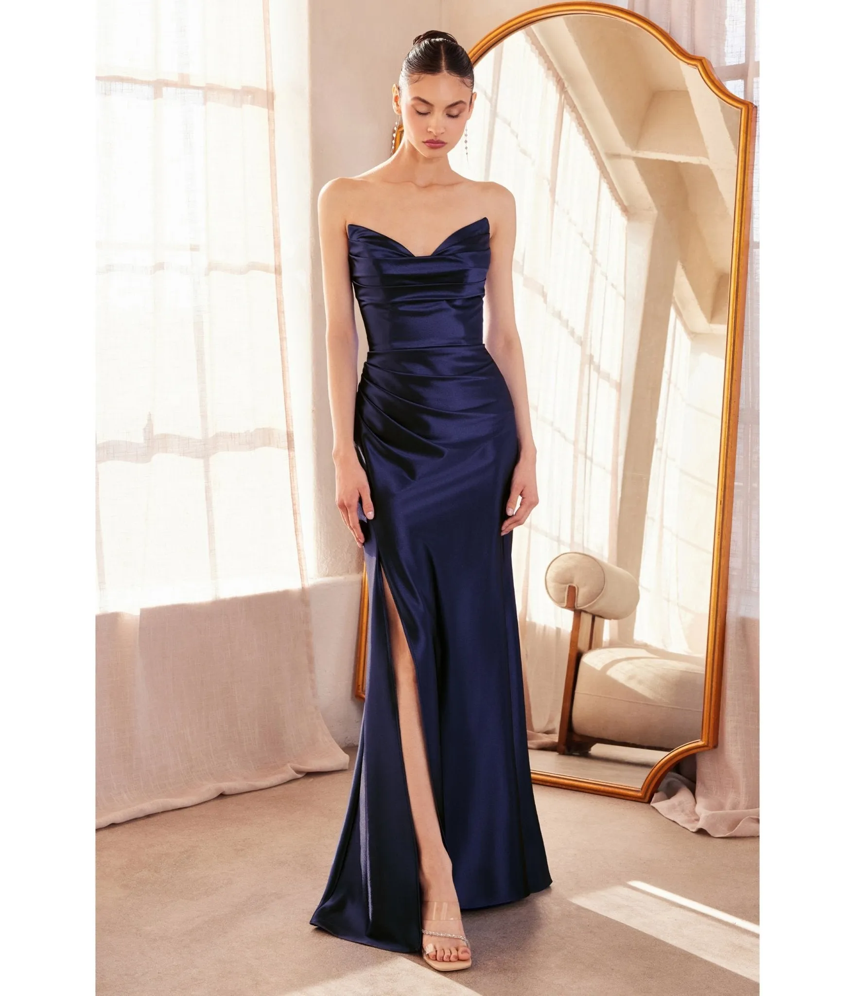 LaDivine by Cinderella Divine Navy Draped Corset Gown with Lace-Up Back sold by Unique Vintage