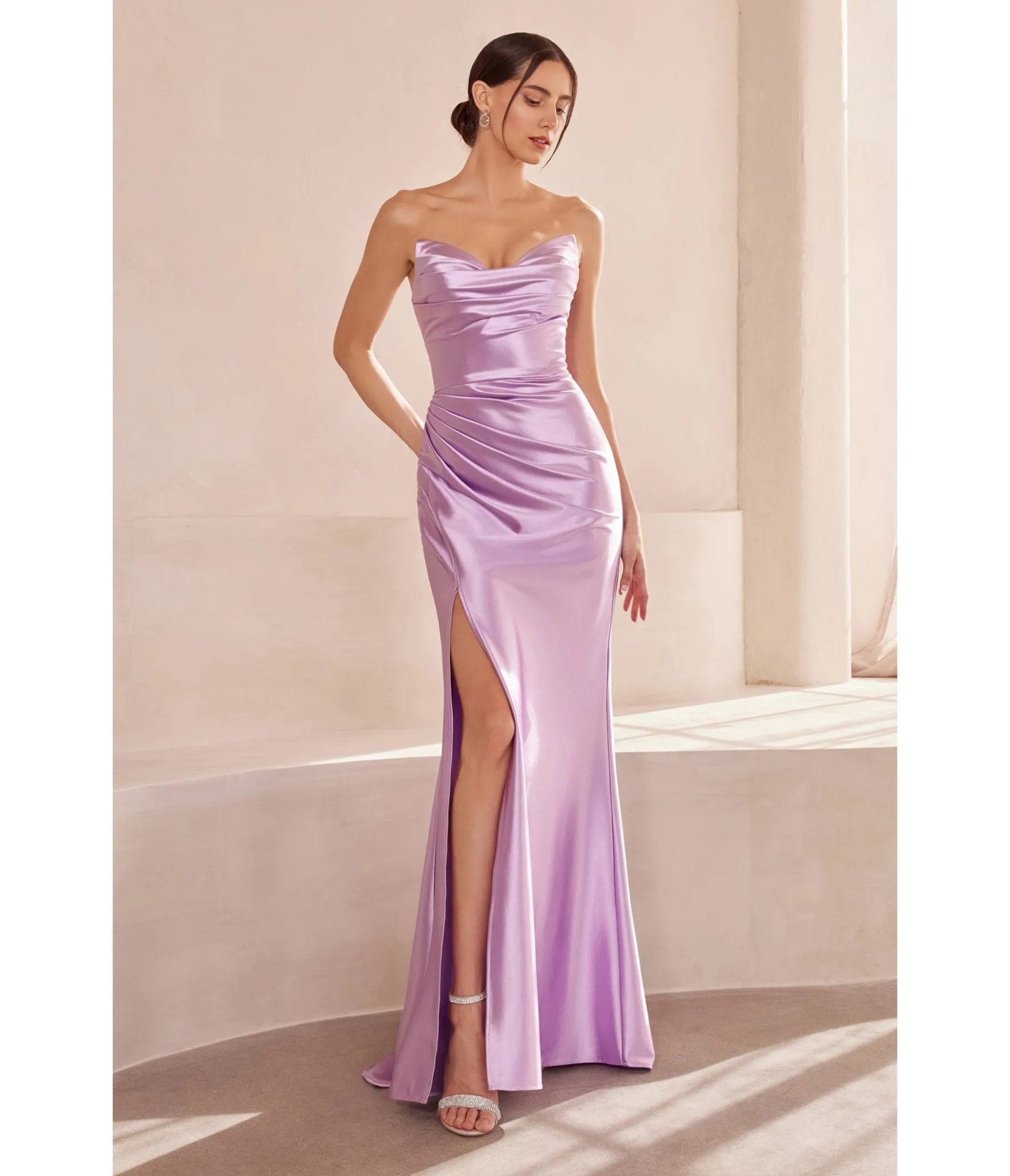 LaDivine by Cinderella Divine Lavender Draped Corset Gown with Lace-Up Back sold by Unique Vintage