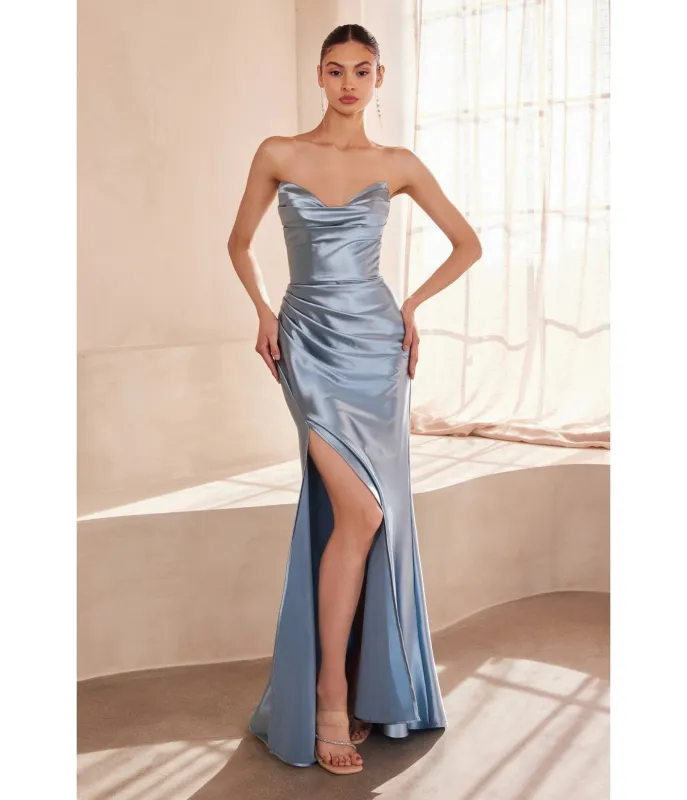 LaDivine by Cinderella Divine Dusty Blue Draped Corset Gown with Lace-Up Back sold by Unique Vintage