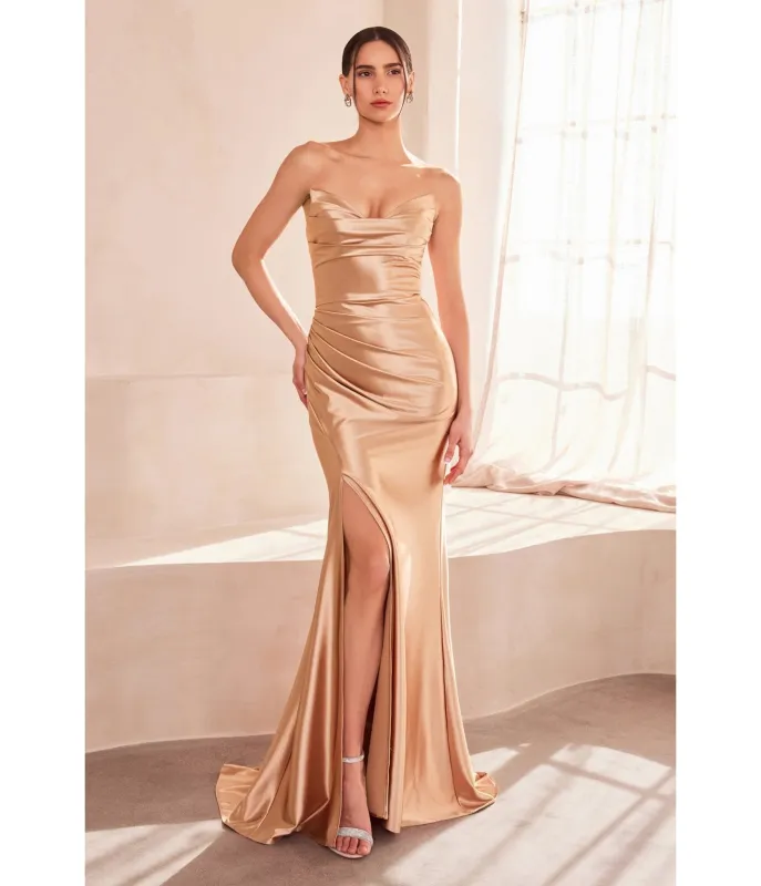 LaDivine by Cinderella Divine Champagne Gold Draped Corset Gown with Lace-Up Back sold by Unique Vintage