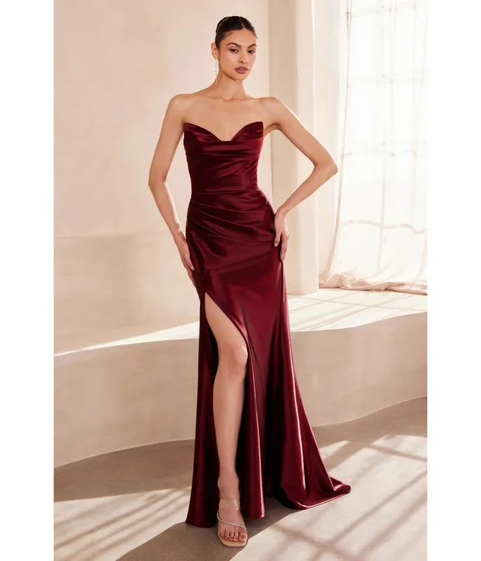 LaDivine by Cinderella Divine Burgundy Draped Corset Gown with Lace-Up Back sold by Unique Vintage