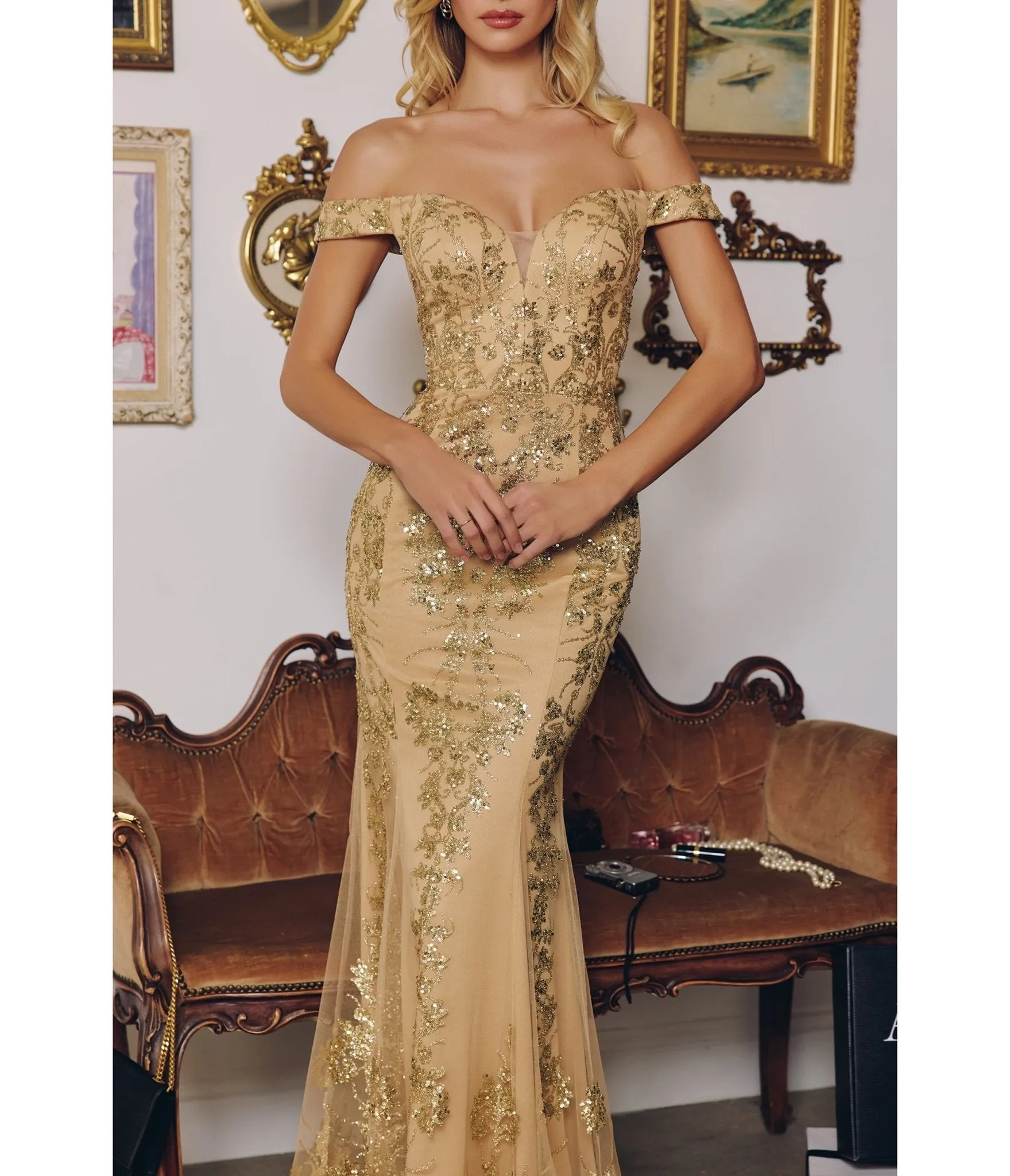 LaDivine by Cinderella Divine Gold Off-the-Shoulder Sequin Lace Evening Gown with Subtle Flare sold by Unique Vintage product image thumbnail 2