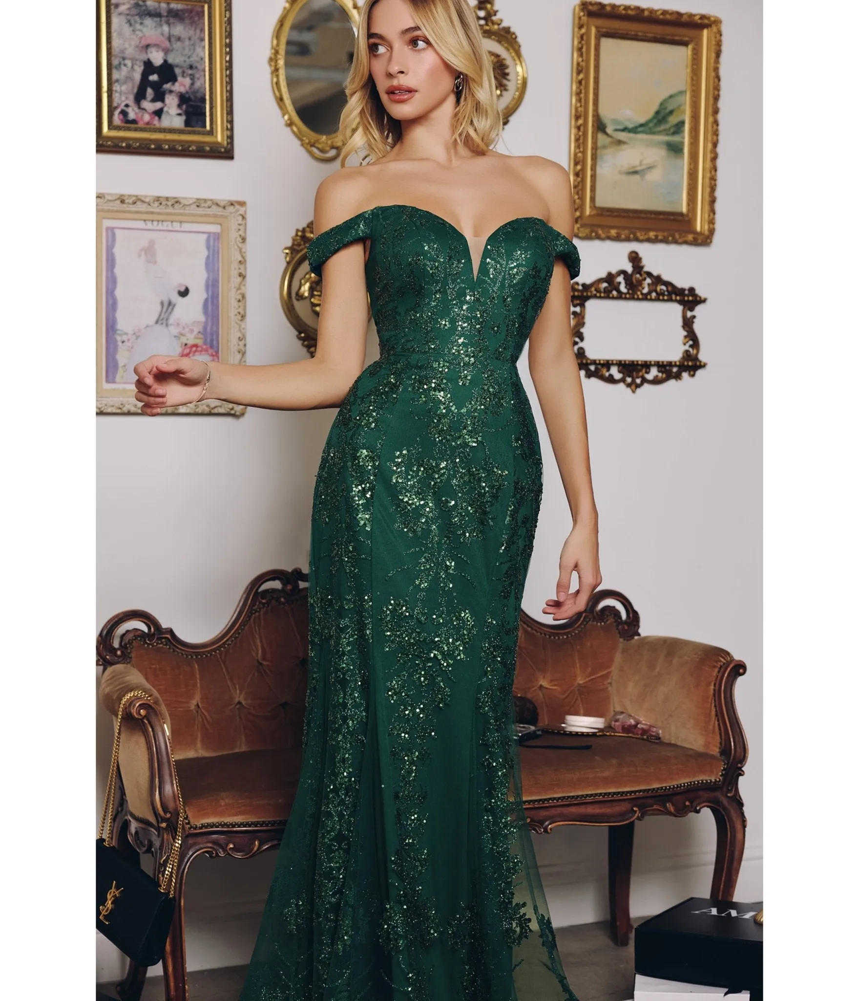LaDivine by Cinderella Divine Emerald Off-the-Shoulder Sequin Lace Evening Gown with Subtle Flare sold by Unique Vintage product image thumbnail 2