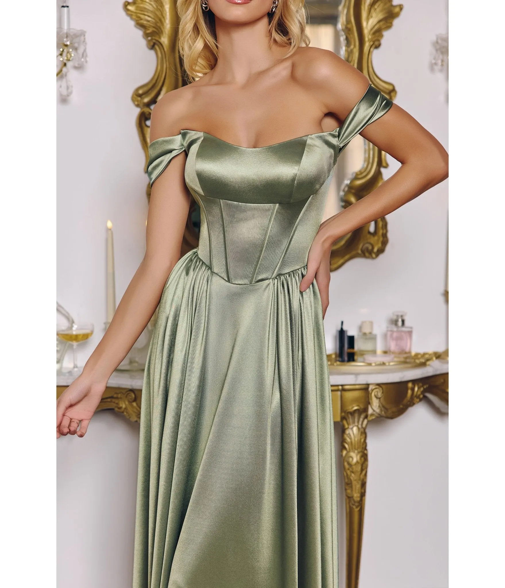 LaDivine by Cinderella Divine Sage Structured Strapless Gown with Detachable Off-Shoulder Sleeves sold by Unique Vintage product image thumbnail 2