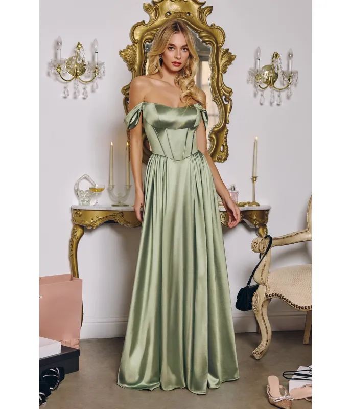 LaDivine by Cinderella Divine Sage Structured Strapless Gown with Detachable Off-Shoulder Sleeves sold by Unique Vintage