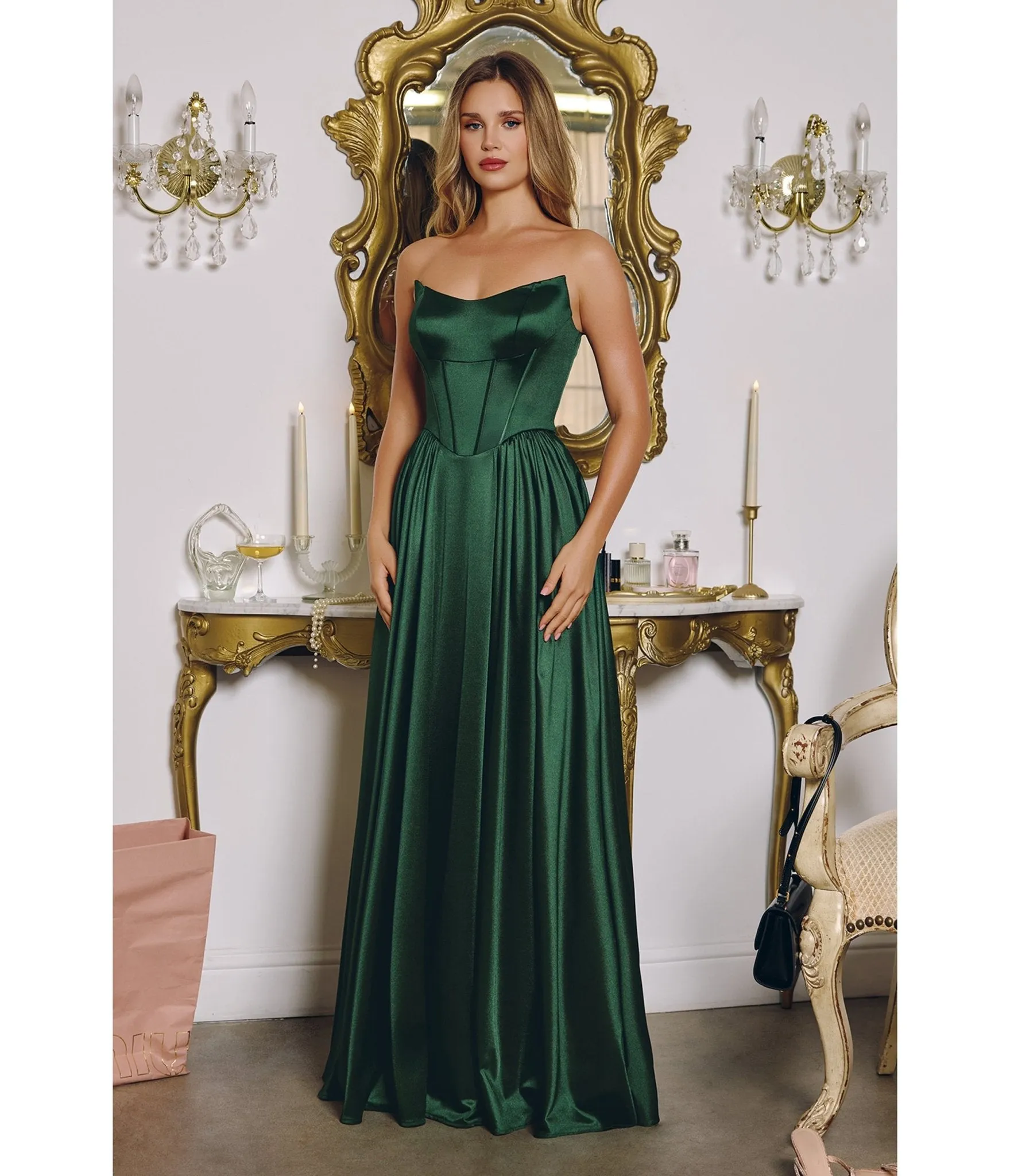 LaDivine by Cinderella Divine Emerald Structured Strapless Gown with Detachable Off-Shoulder Sleeves sold by Unique Vintage product image thumbnail 4