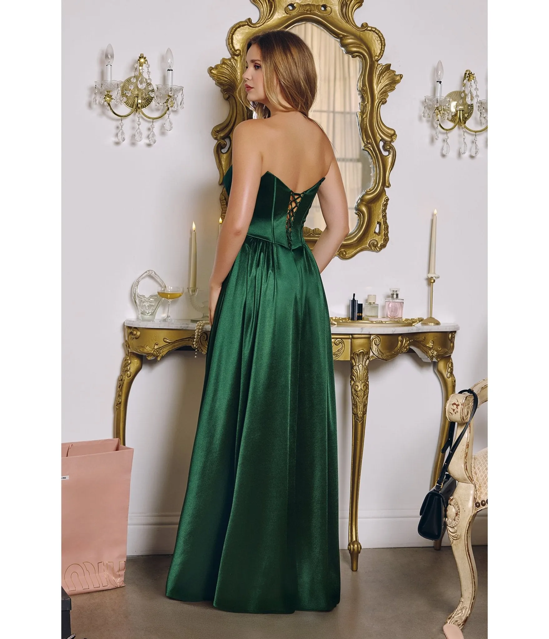 LaDivine by Cinderella Divine Emerald Structured Strapless Gown with Detachable Off-Shoulder Sleeves sold by Unique Vintage product image thumbnail 2