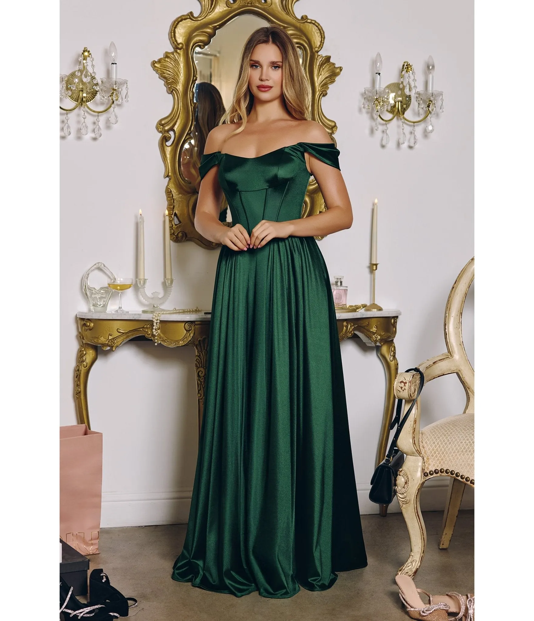 LaDivine by Cinderella Divine Emerald Structured Strapless Gown with Detachable Off-Shoulder Sleeves sold by Unique Vintage