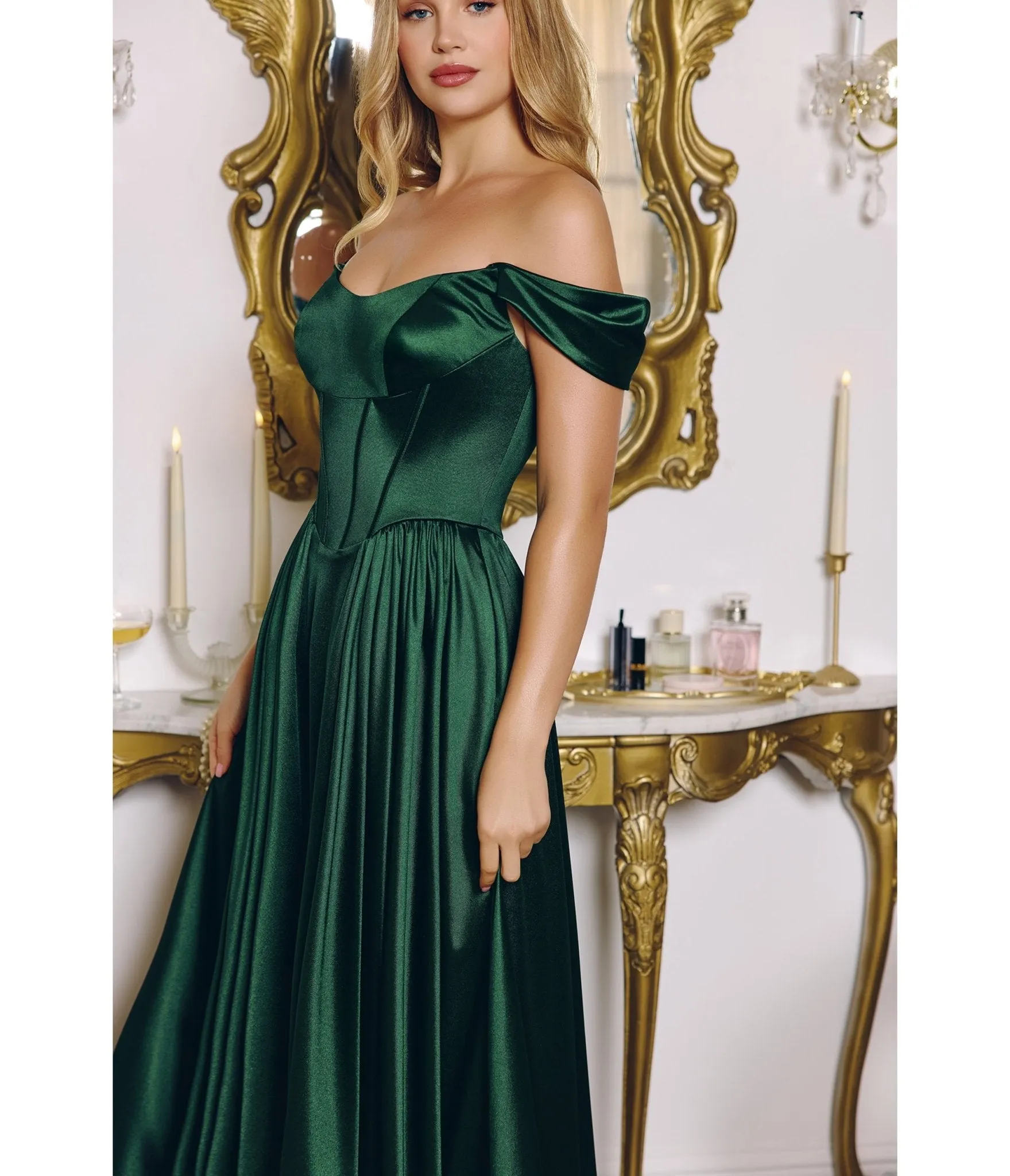 LaDivine by Cinderella Divine Emerald Structured Strapless Gown with Detachable Off-Shoulder Sleeves sold by Unique Vintage product image thumbnail 3