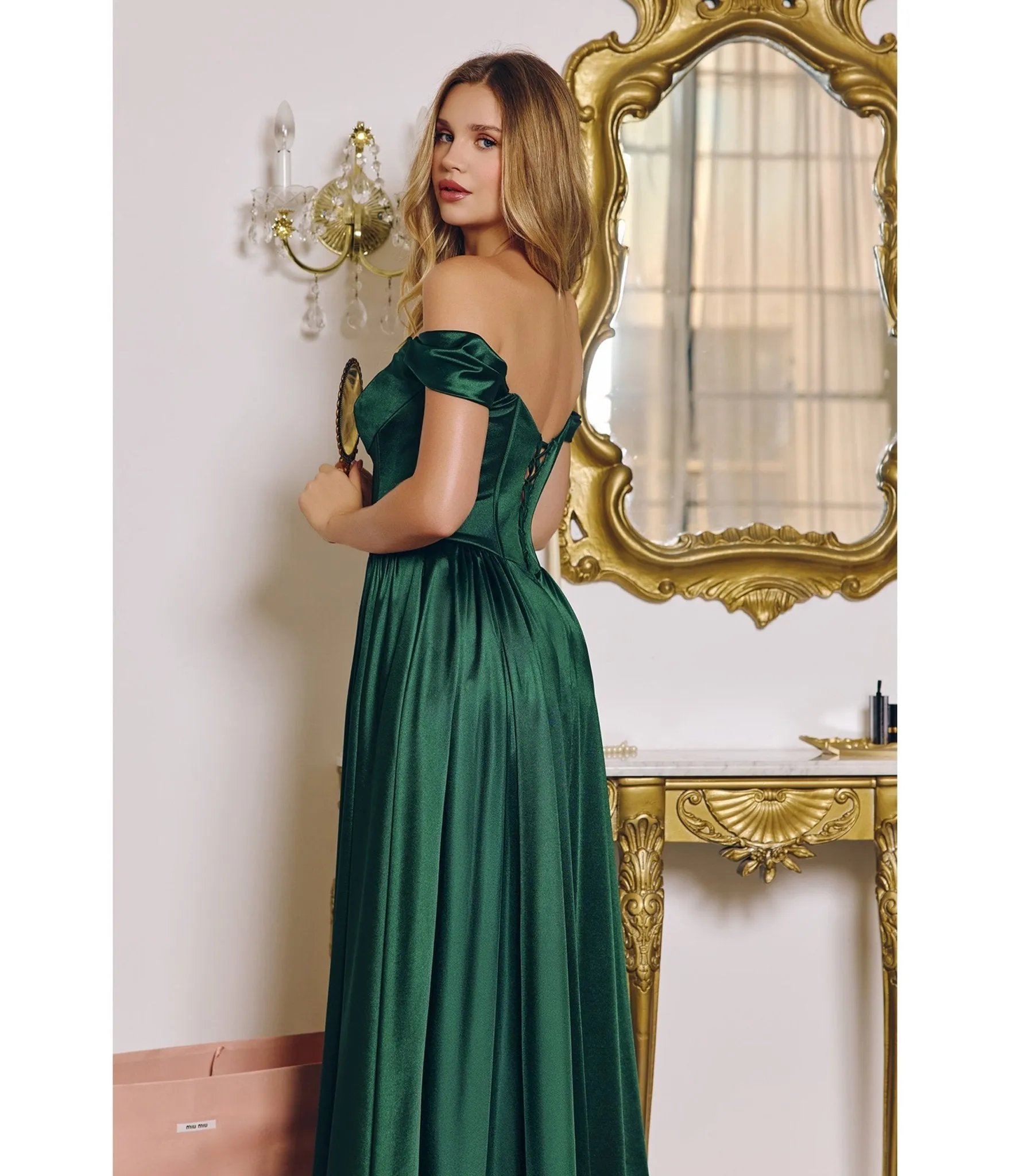 LaDivine by Cinderella Divine Emerald Structured Strapless Gown with Detachable Off-Shoulder Sleeves sold by Unique Vintage product image thumbnail 5