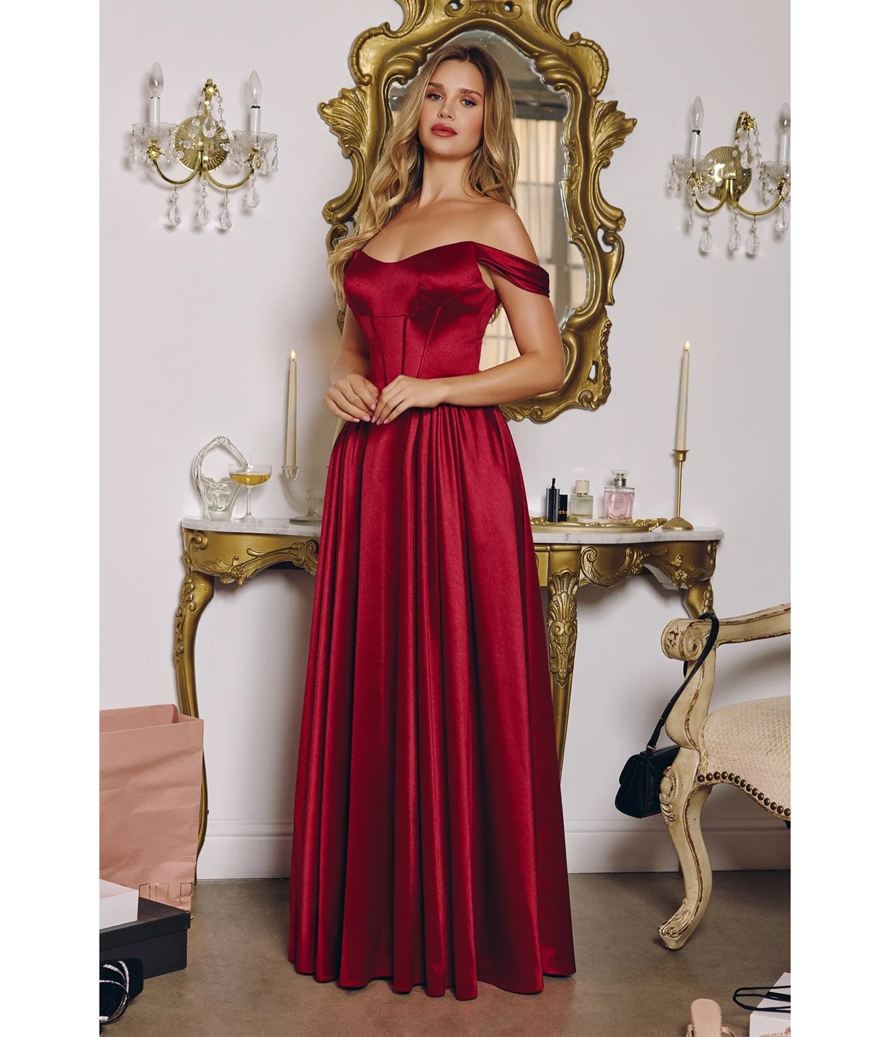 LaDivine by Cinderella Divine Burgundy Structured Strapless Gown with Detachable Off-Shoulder Sleeves sold by Unique Vintage