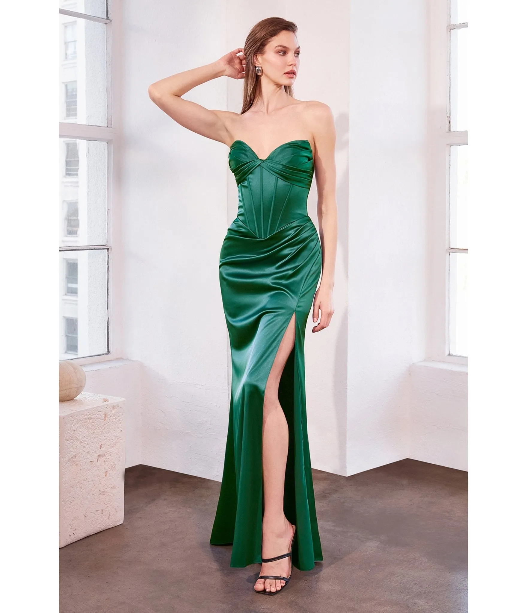 LaDivine by Cinderella Divine Emerald Strapless Sculpted Mermaid Gown with Lace-Up Back sold by Unique Vintage