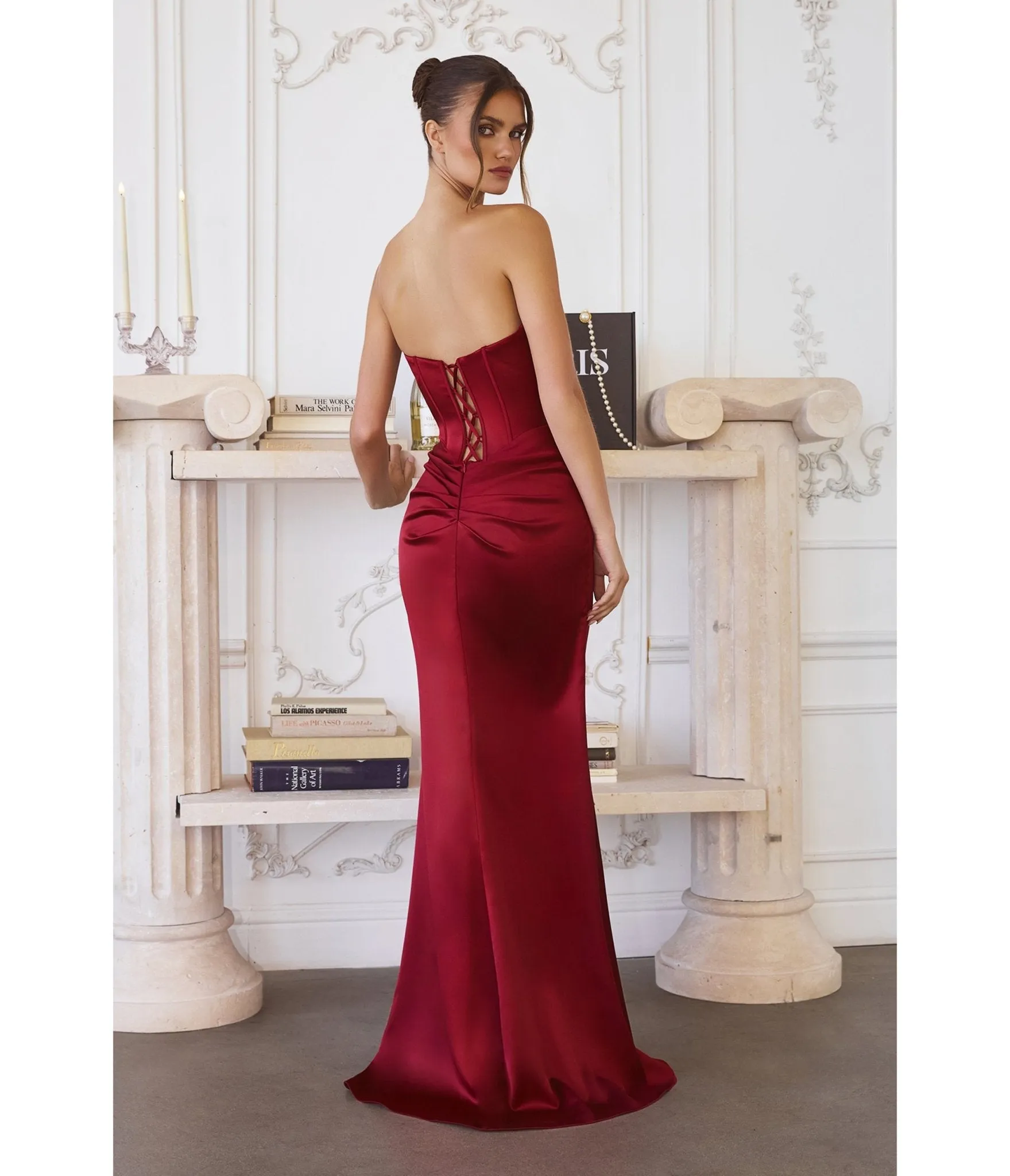 LaDivine by Cinderella Divine Deep Red Strapless Sculpted Mermaid Gown with Lace-Up Back sold by Unique Vintage product image thumbnail 2