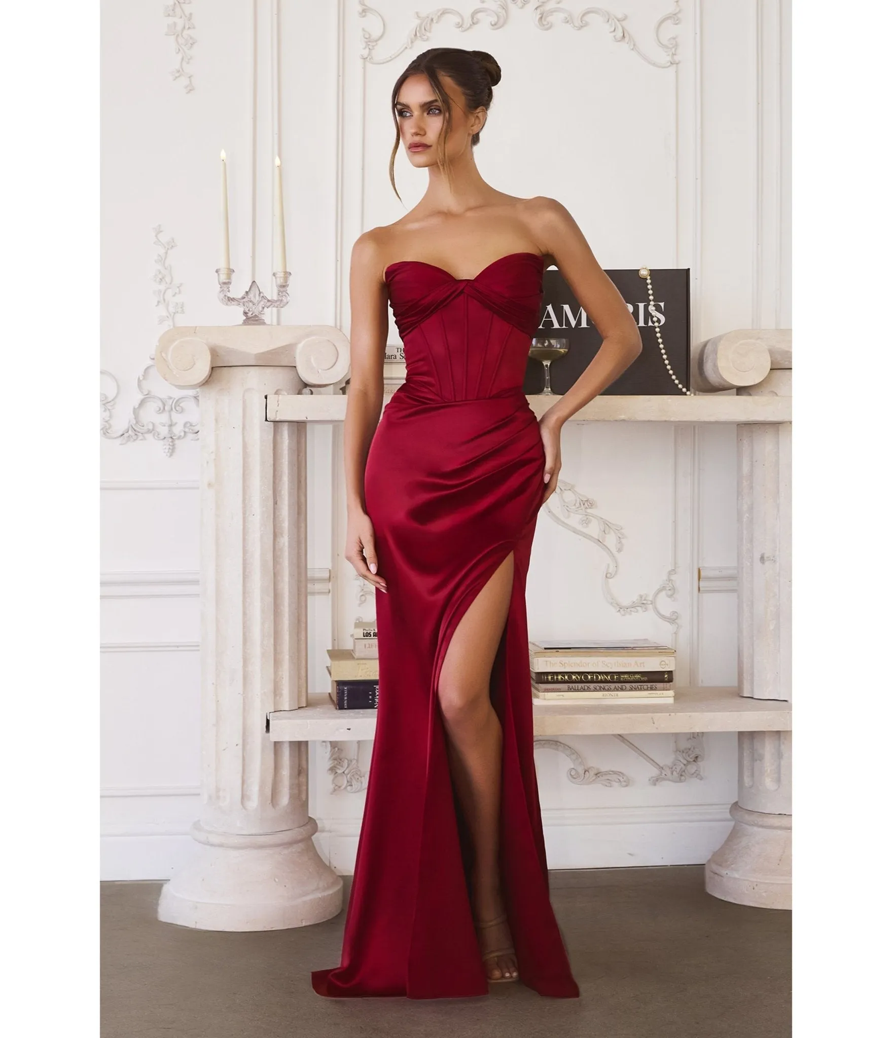 LaDivine by Cinderella Divine Deep Red Strapless Sculpted Mermaid Gown with Lace-Up Back sold by Unique Vintage