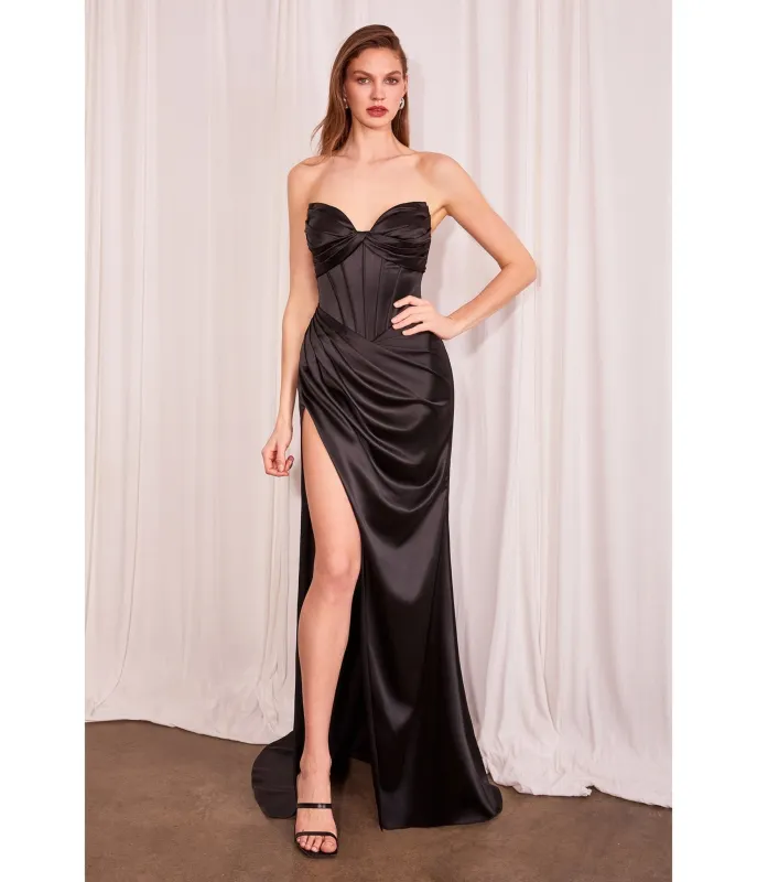 LaDivine by Cinderella Divine Black Strapless Sculpted Mermaid Gown with Lace-Up Back sold by Unique Vintage