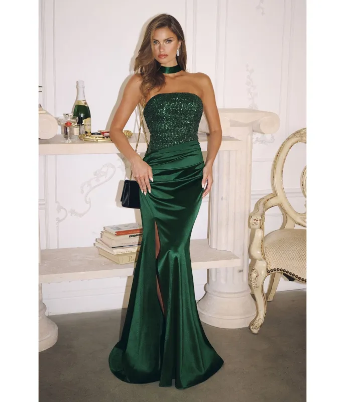 LaDivine by Cinderella Divine Emerald Strapless Sequin Bodice Evening Gown Lace-Up Back sold by Unique Vintage