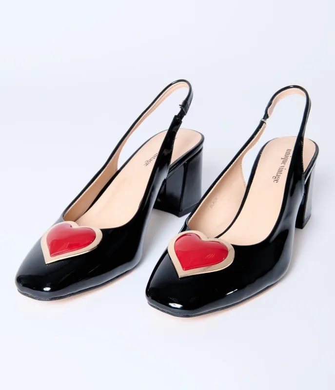 Unique Vintage Black & Red Heart Leatherette Slingback Heels sold by Unique Vintage