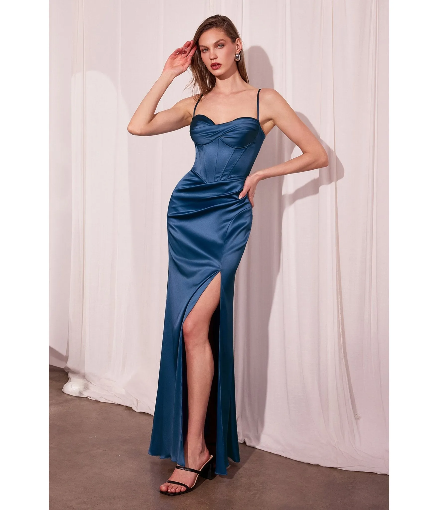 LaDivine by Cinderella Divine Navy Sweetheart Neck Corset Bodice Stretch Evening Gown sold by Unique Vintage