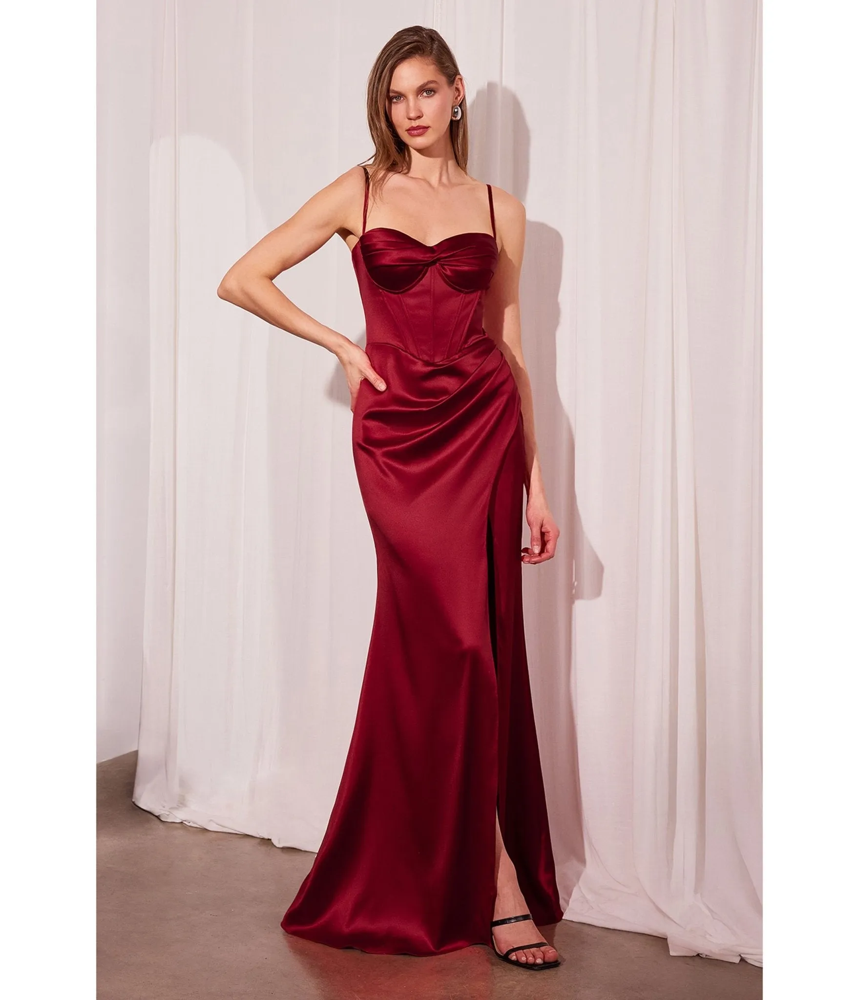 LaDivine by Cinderella Divine Burgundy Sweetheart Neck Corset Bodice Stretch Evening Gown sold by Unique Vintage