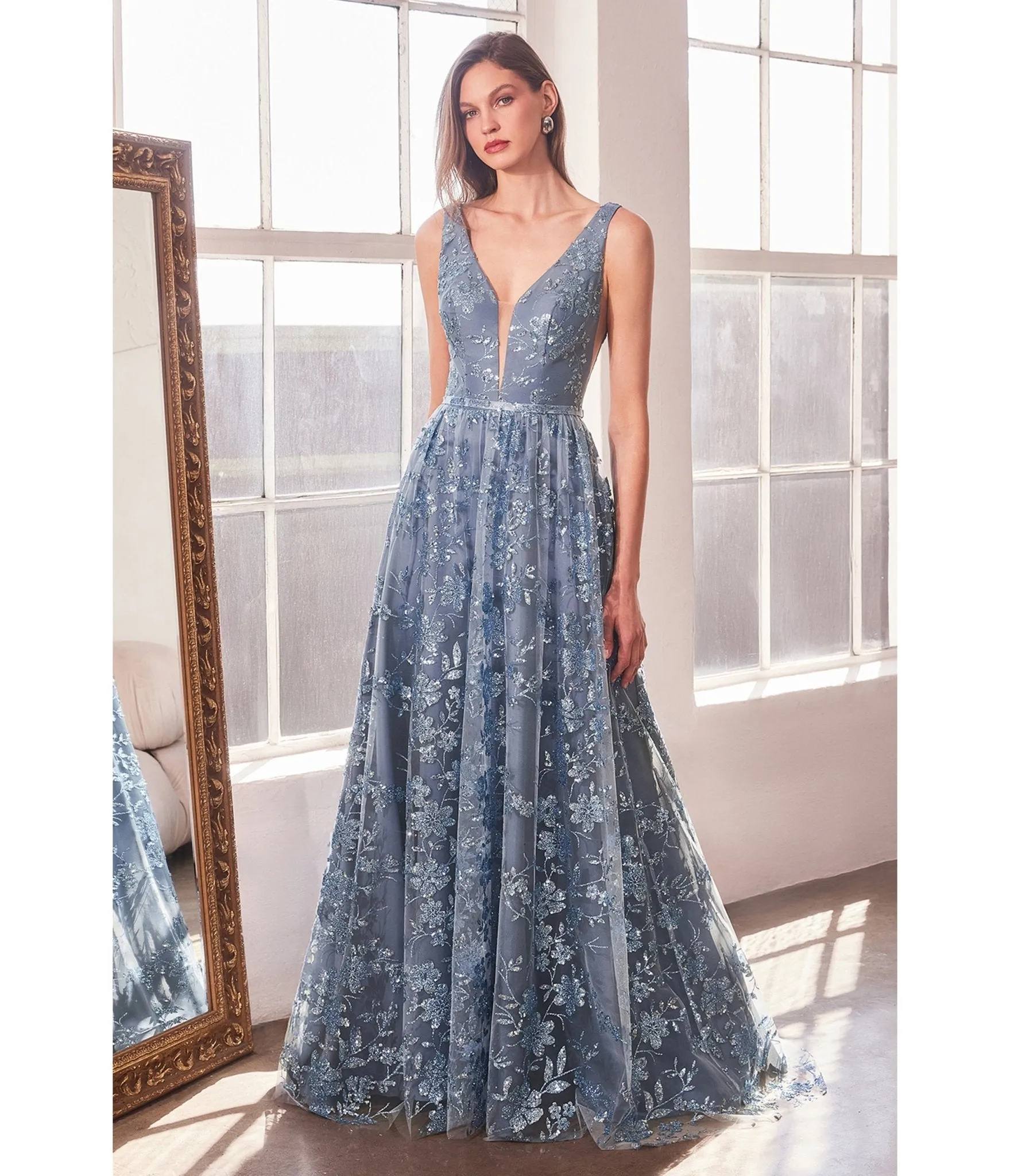 LaDivine by Cinderella Divine Smoky Blue Illusion Plunging V-Neck Garden Wedding Gown sold by Unique Vintage