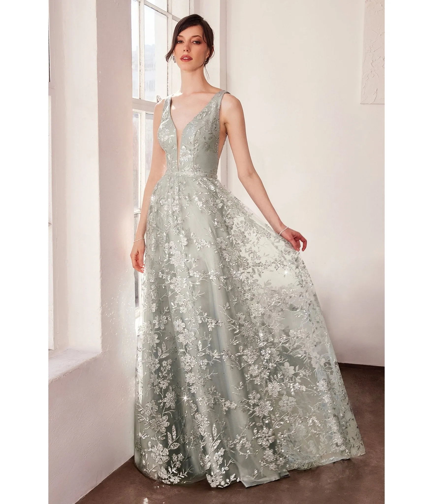 LaDivine by Cinderella Divine Silver Illusion Plunging V-Neck Garden Wedding Gown sold by Unique Vintage