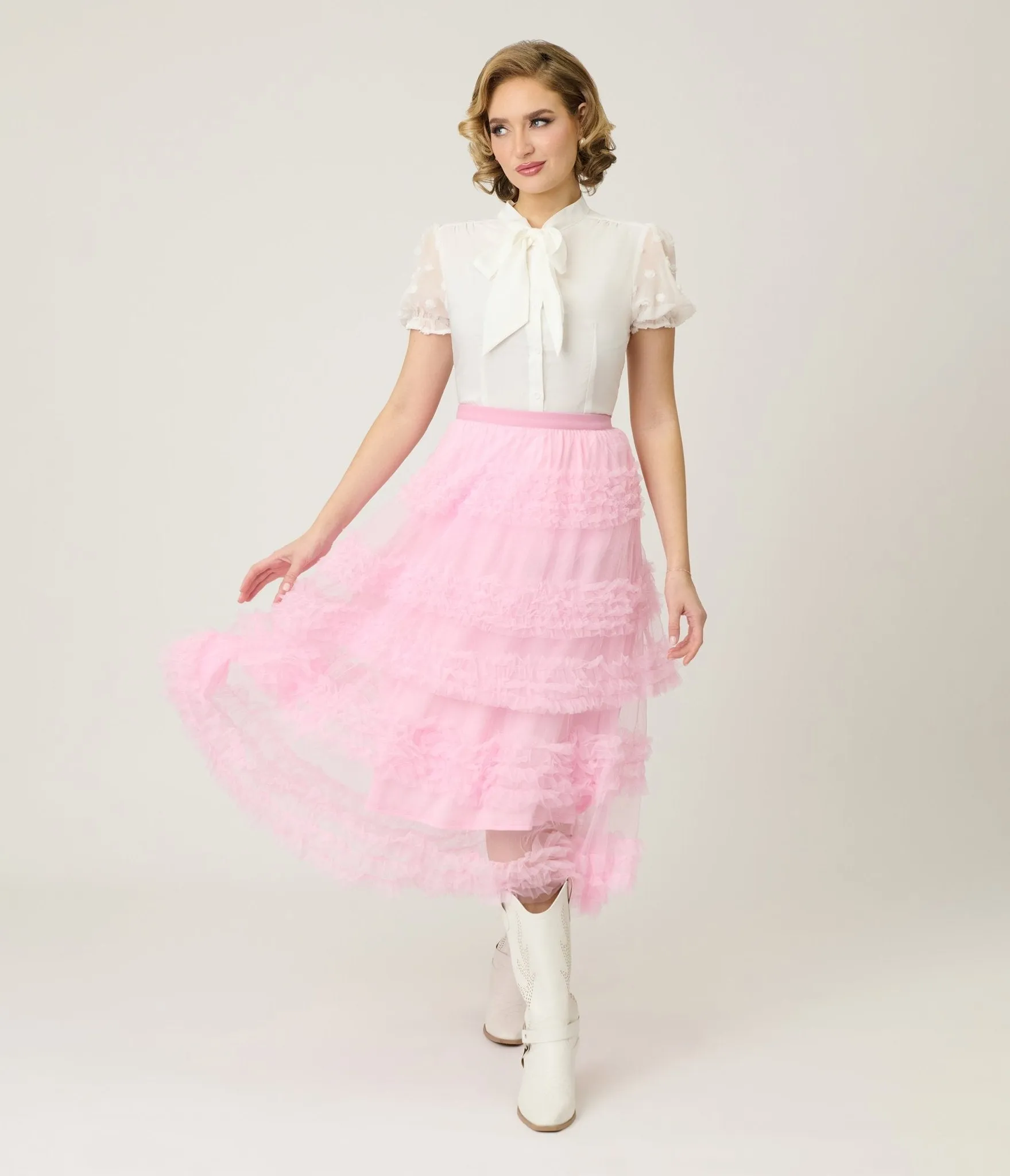 Pink Mesh Ruffled Tier Midi Skirt sold by Unique Vintage product image thumbnail 5