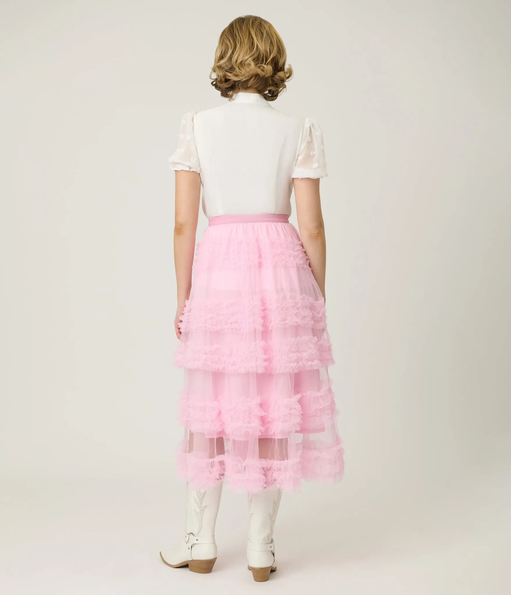 Pink Mesh Ruffled Tier Midi Skirt sold by Unique Vintage product image thumbnail 3