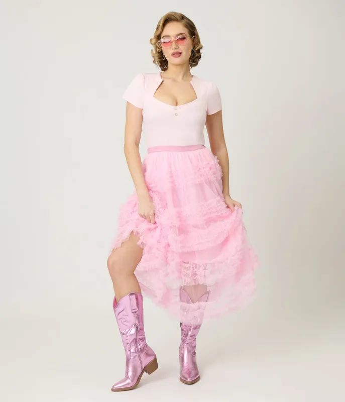 Pink Mesh Ruffled Tier Midi Skirt made by Unique Vintage