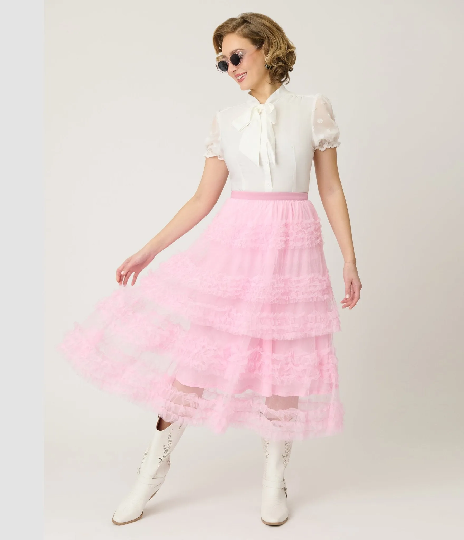 Pink Mesh Ruffled Tier Midi Skirt sold by Unique Vintage product image thumbnail 4