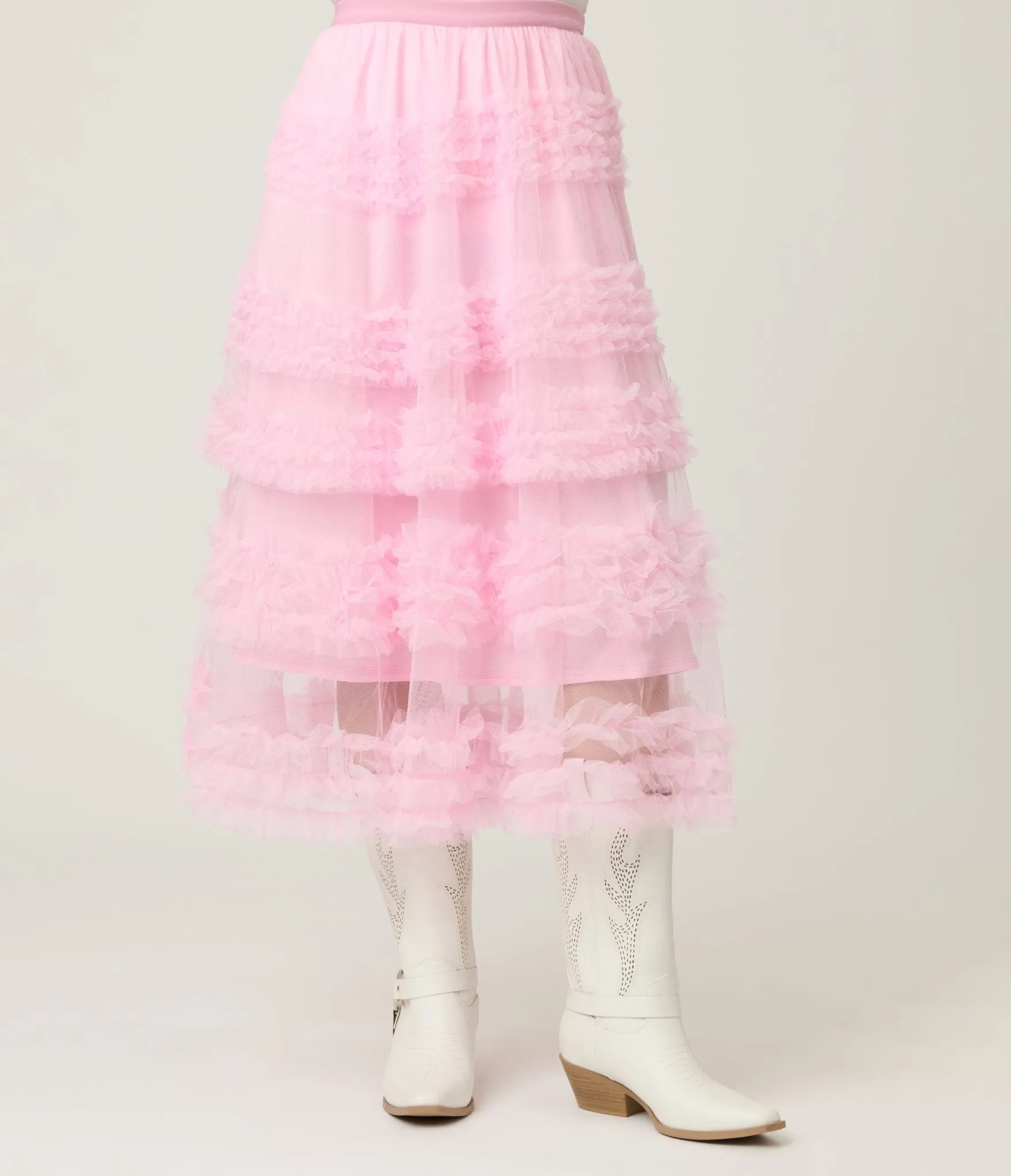 Pink Mesh Ruffled Tier Midi Skirt sold by Unique Vintage product image thumbnail 2