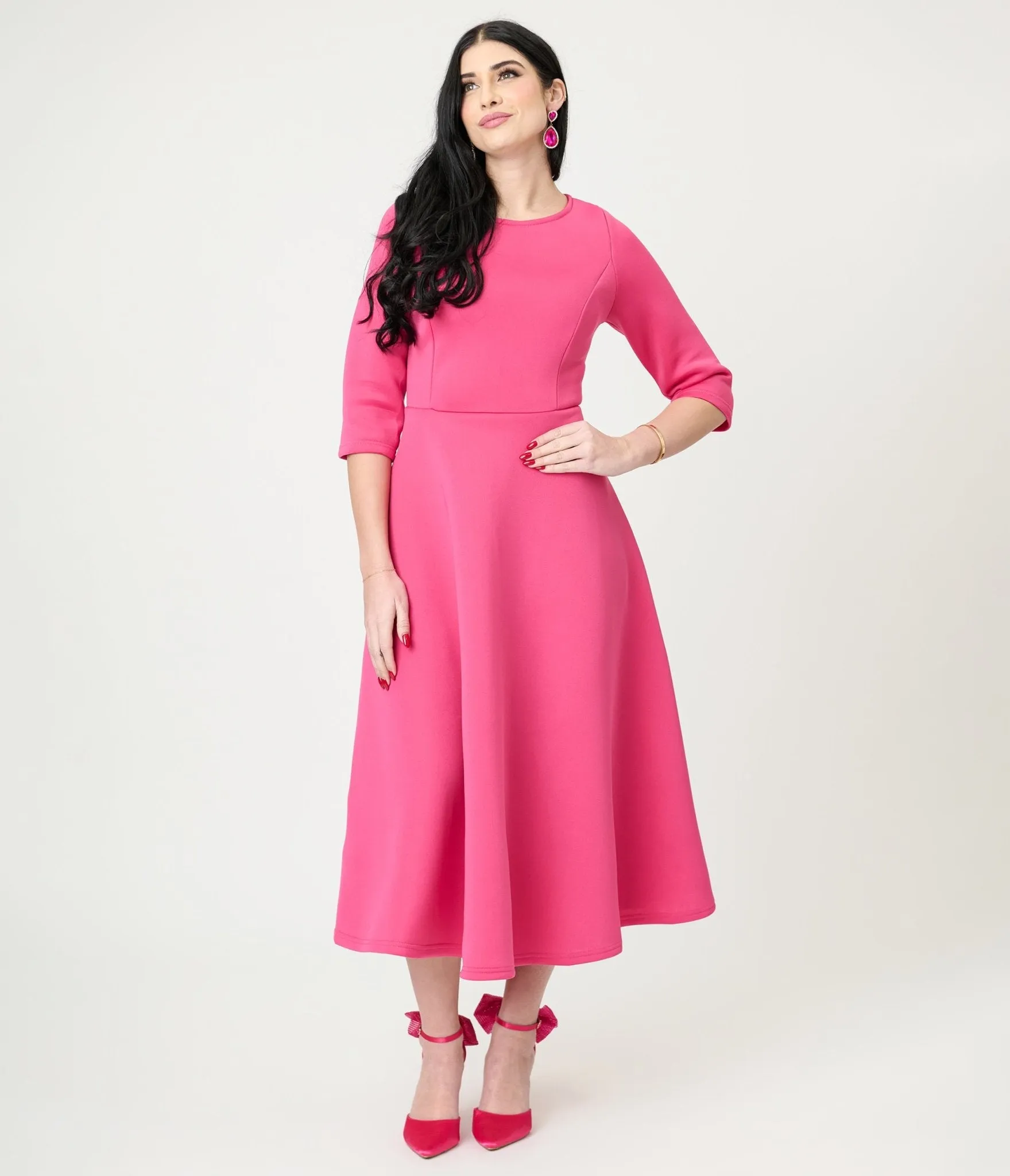 Fuchsia Three Quarter Length Sleeve Midi Dress sold by Unique Vintage product image thumbnail 5
