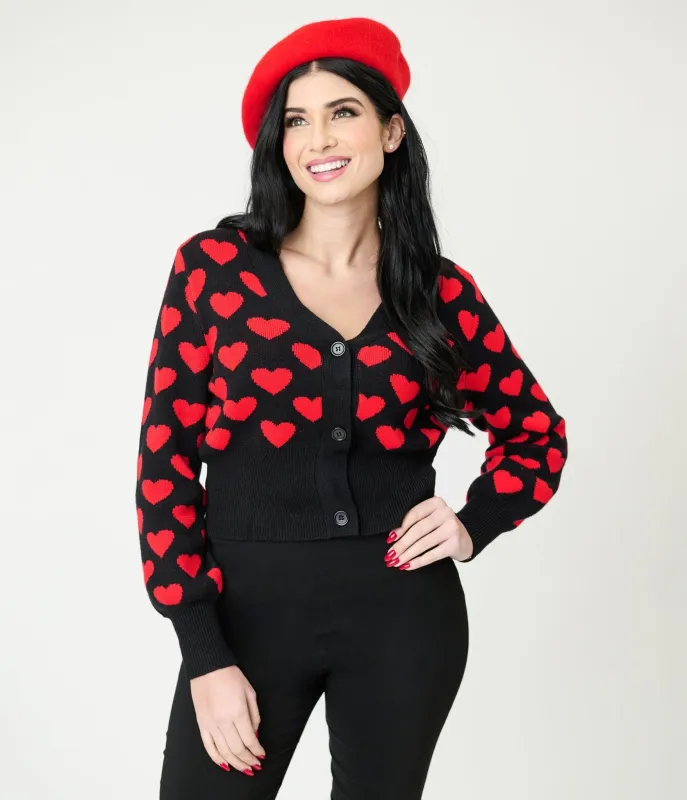 Black & Red Heart Cropped Cardigan sold by Unique Vintage