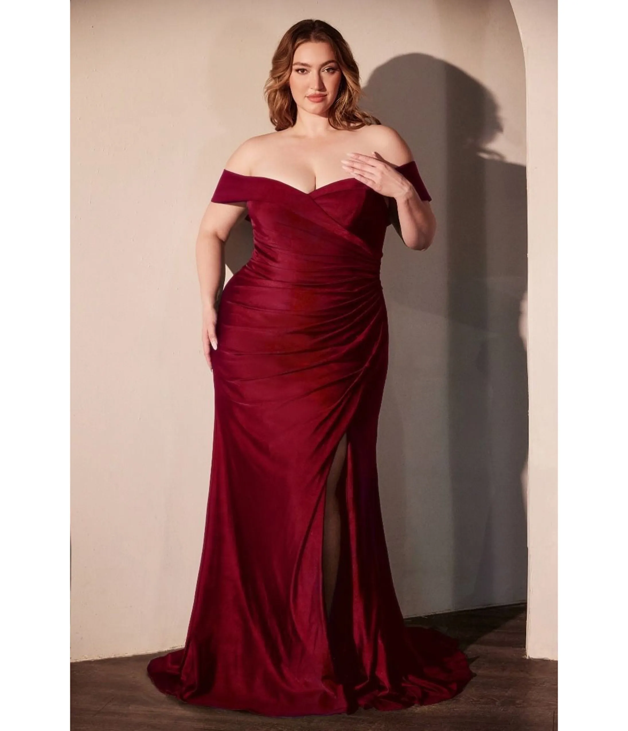 LaDivine by Cinderella Divine Burgundy Plus Sweetheart Neck Bridesmaid Gown with Leg Slit sold by Unique Vintage