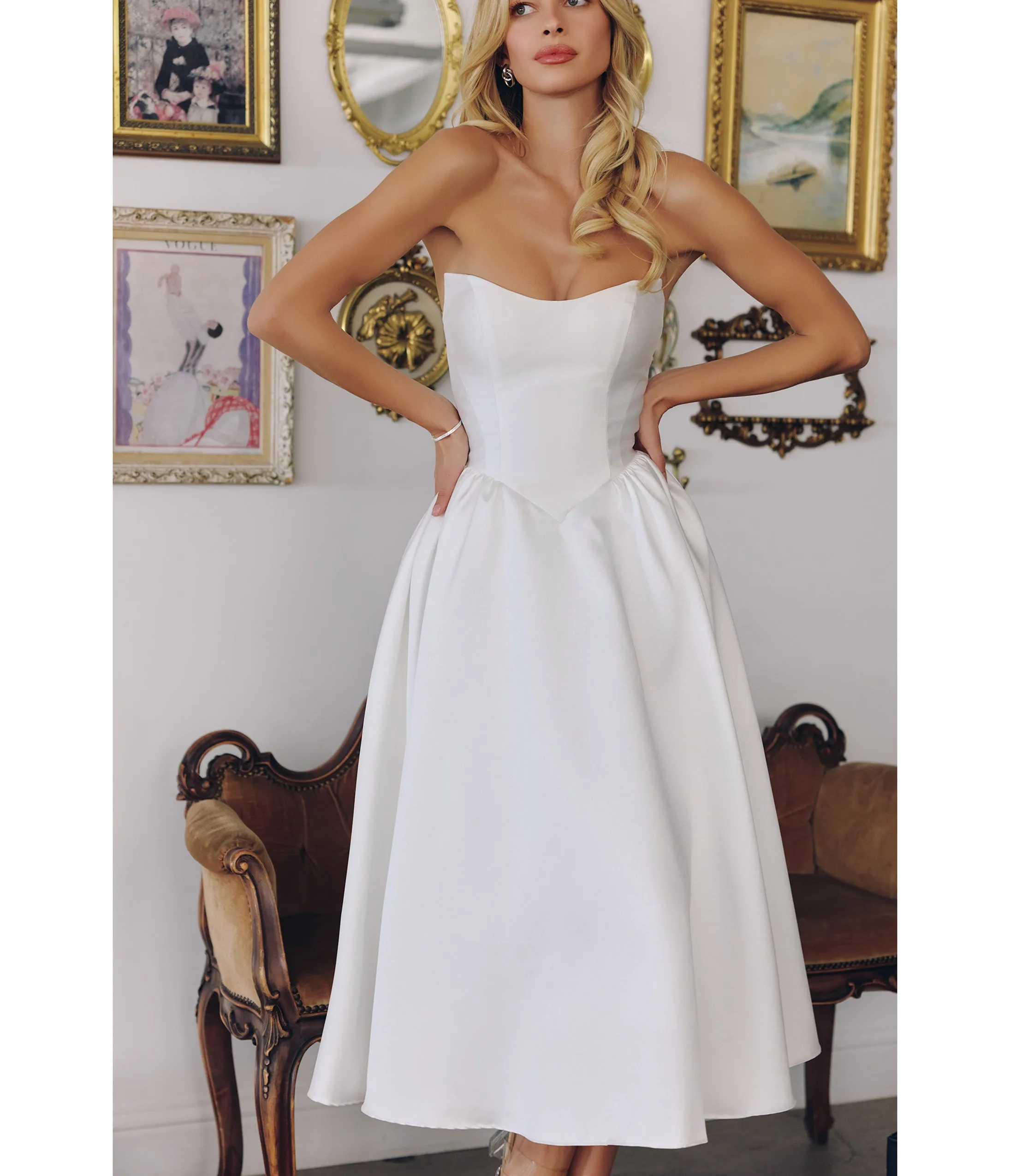 LaDivine by Cinderella Divine Off White Strapless Mikado Midi Dress with Lace-Up Back sold by Unique Vintage product image thumbnail 2