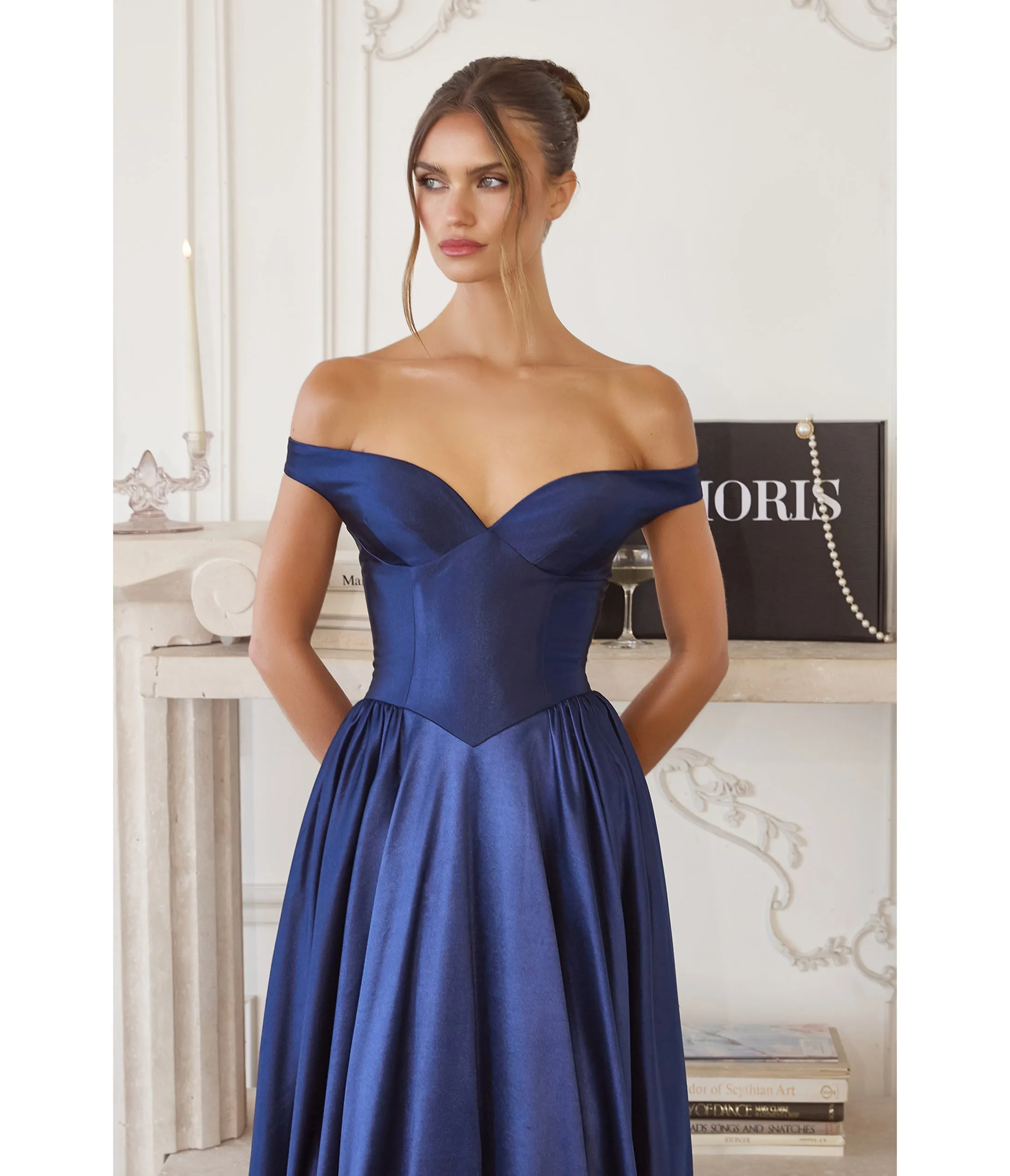 LaDivine by Cinderella Divine Navy Sweetheart Neck Off-the-Shoulder Gown with Structured Bodice sold by Unique Vintage product image thumbnail 3