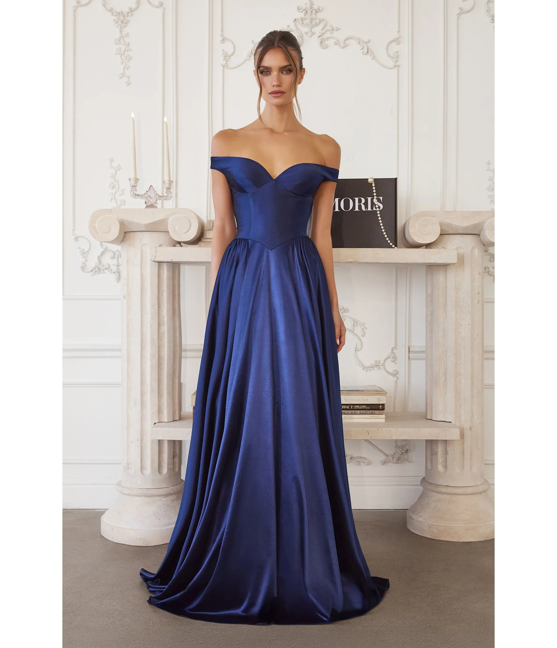 LaDivine by Cinderella Divine Navy Sweetheart Neck Off-the-Shoulder Gown with Structured Bodice sold by Unique Vintage