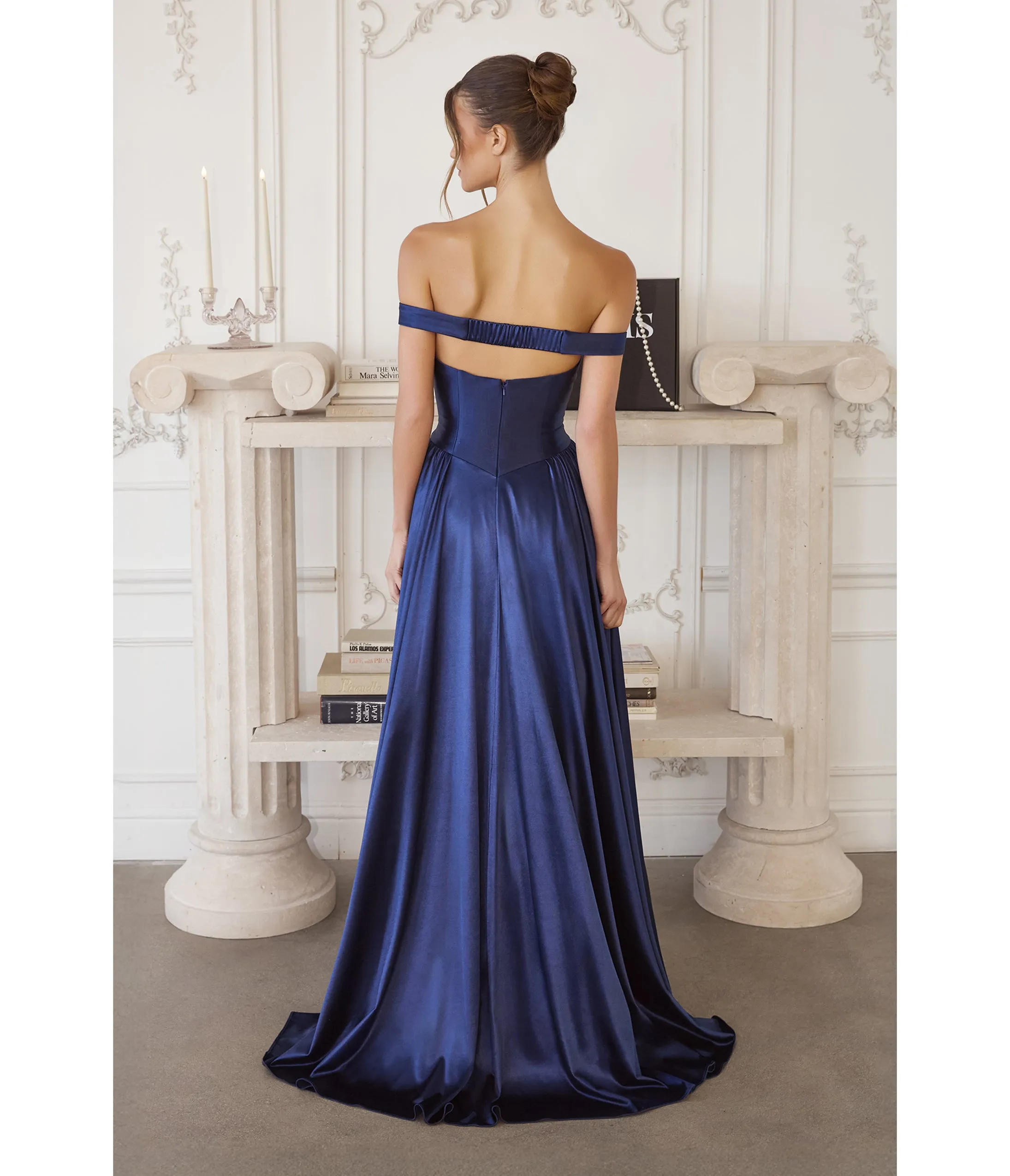 LaDivine by Cinderella Divine Navy Sweetheart Neck Off-the-Shoulder Gown with Structured Bodice sold by Unique Vintage product image thumbnail 2