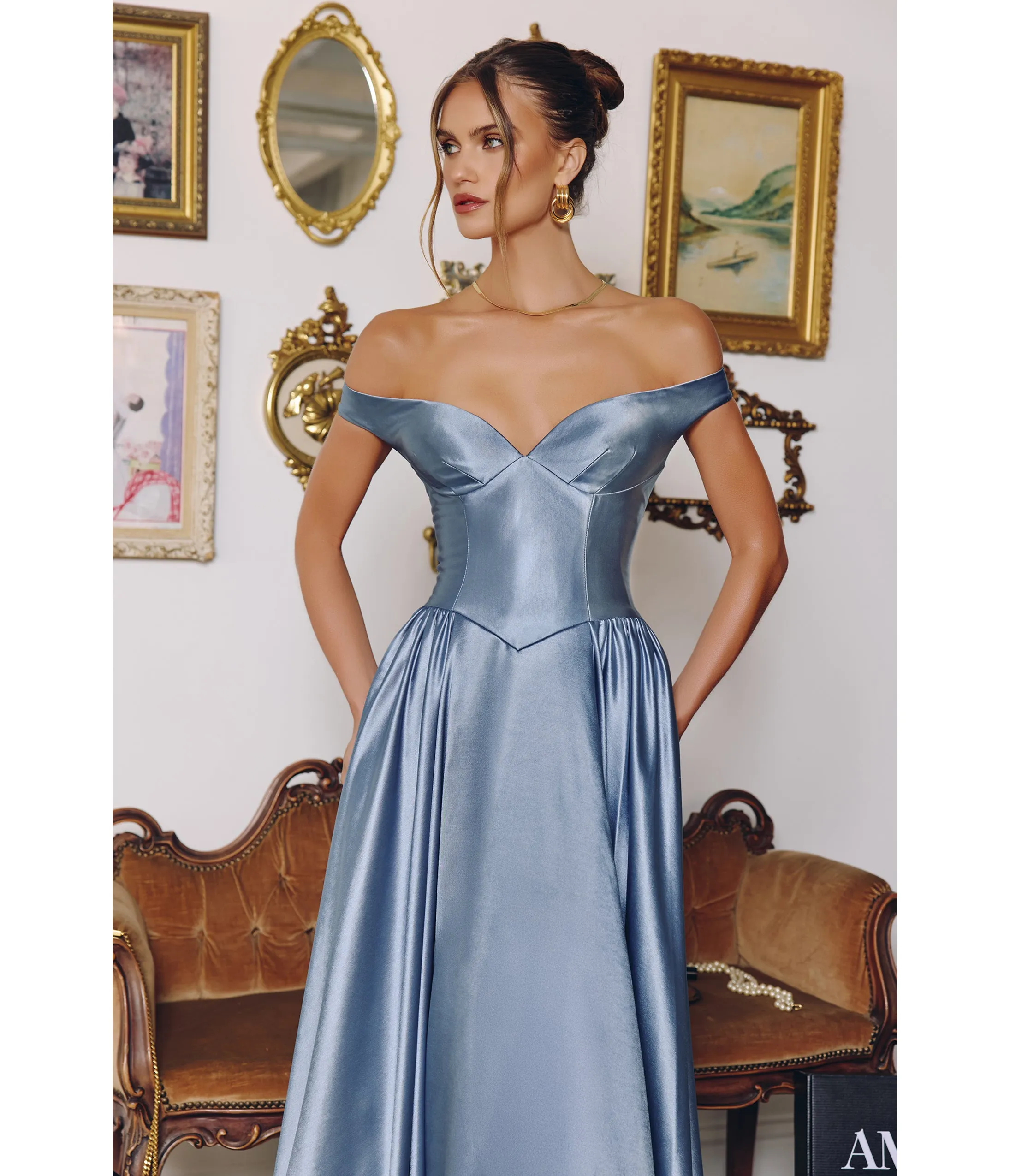 LaDivine by Cinderella Divine Light Blue Sweetheart Neck Off-the-Shoulder Gown with Structured Bodice sold by Unique Vintage