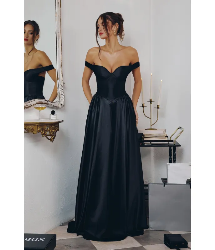 LaDivine by Cinderella Divine Black Sweetheart Neck Off-the-Shoulder Gown with Structured Bodice sold by Unique Vintage