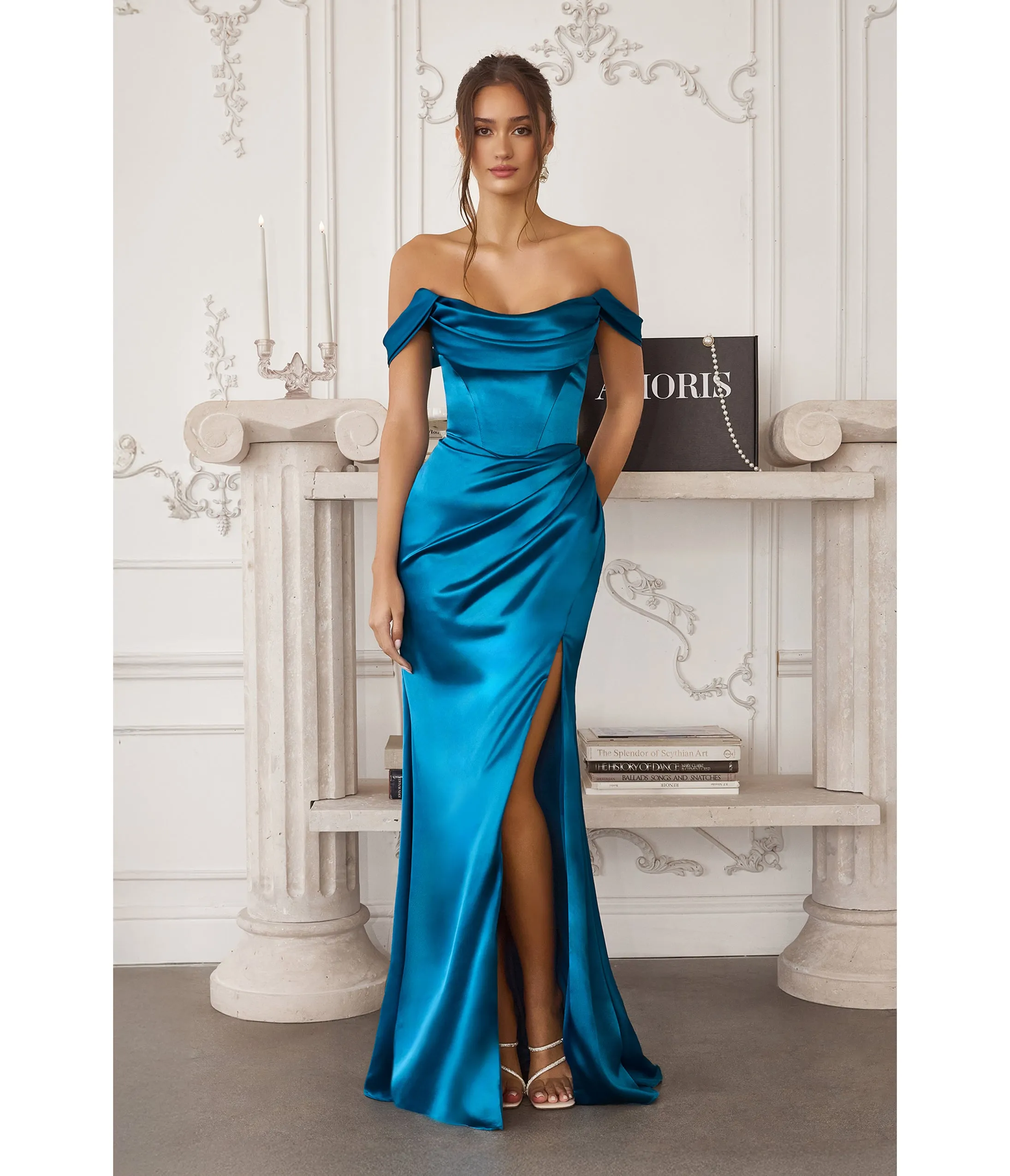 LaDivine by Cinderella Divine Teal Draped Neck Strapless-Optional Gown with High Slit sold by Unique Vintage