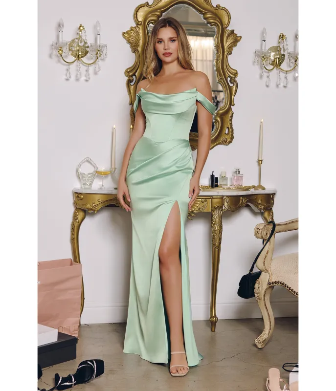 LaDivine by Cinderella Divine Soft Mint Draped Neck Strapless-Optional Gown with High Slit sold by Unique Vintage