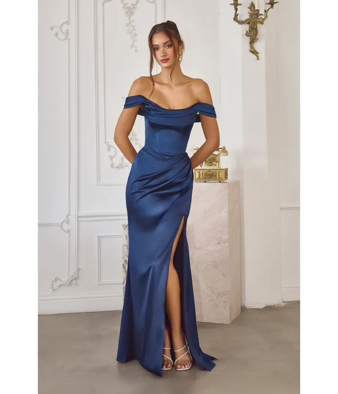 LaDivine by Cinderella Divine Navy Draped Neck Strapless-Optional Gown with High Slit sold by Unique Vintage