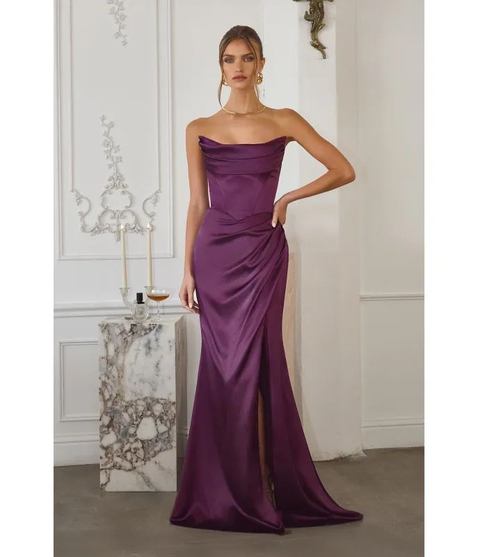 LaDivine by Cinderella Divine Eggplant Draped Neck Strapless-Optional Gown with High Slit sold by Unique Vintage
