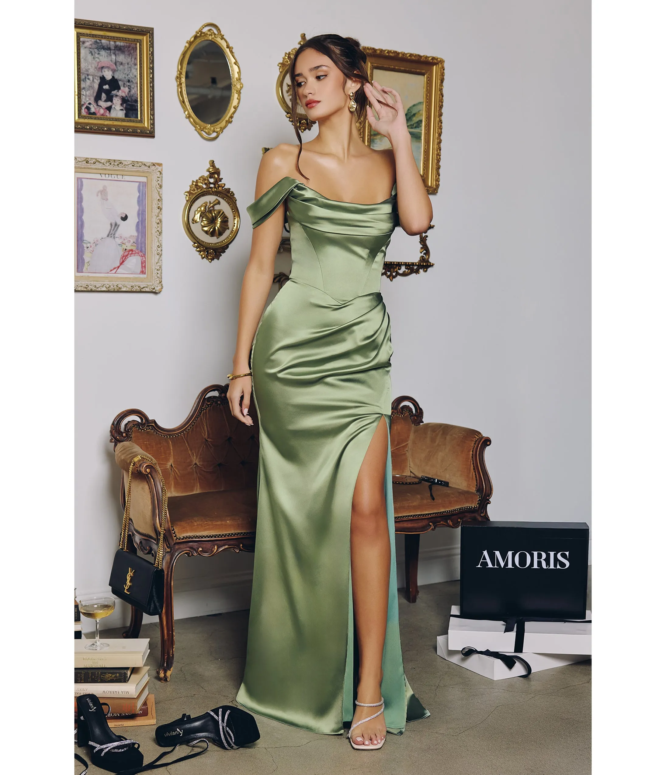 LaDivine by Cinderella Divine Dark Sage Draped Neck Strapless-Optional Gown with High Slit sold by Unique Vintage