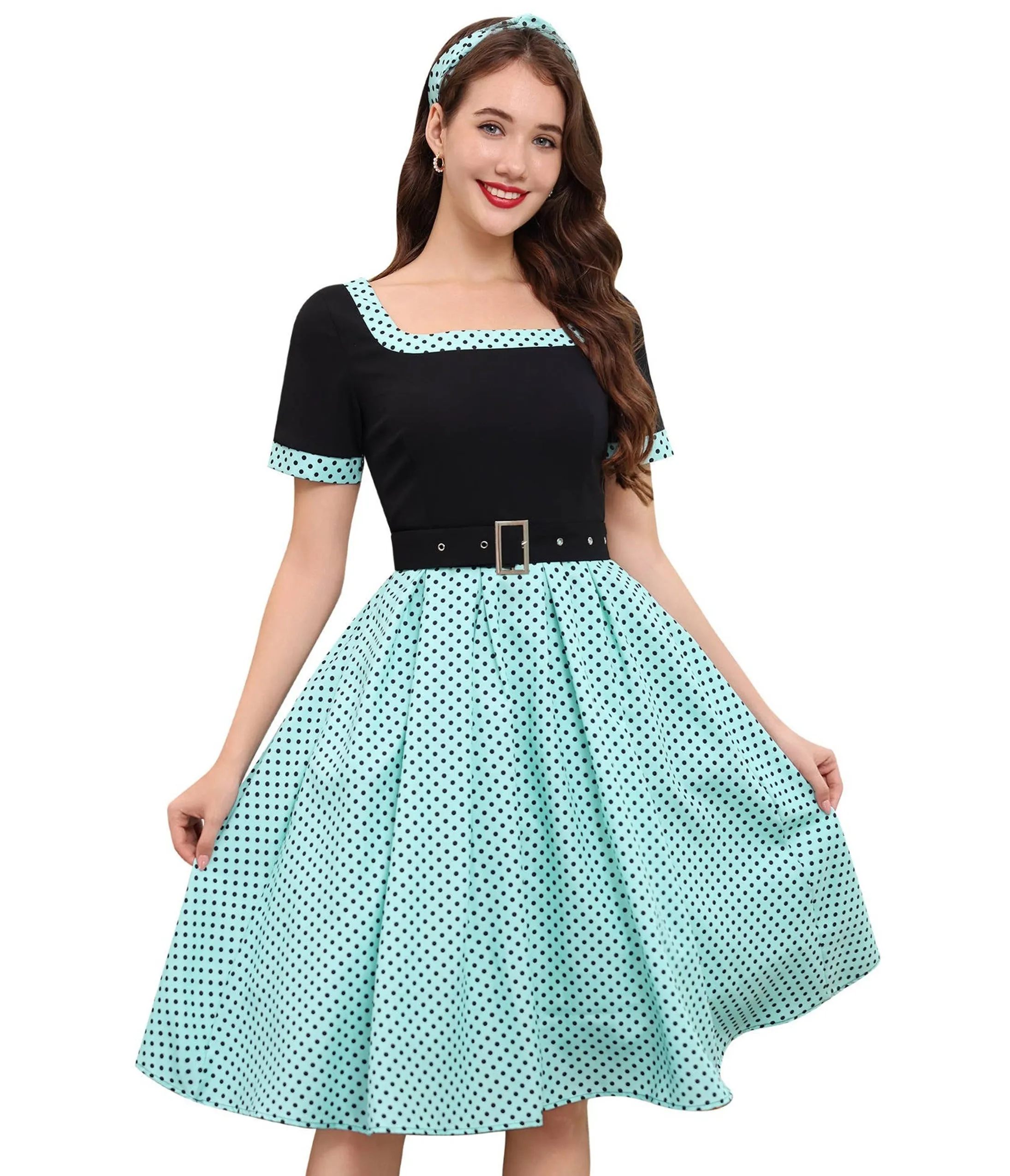 Blue & Black Polka Dot Swing Dress sold by Unique Vintage