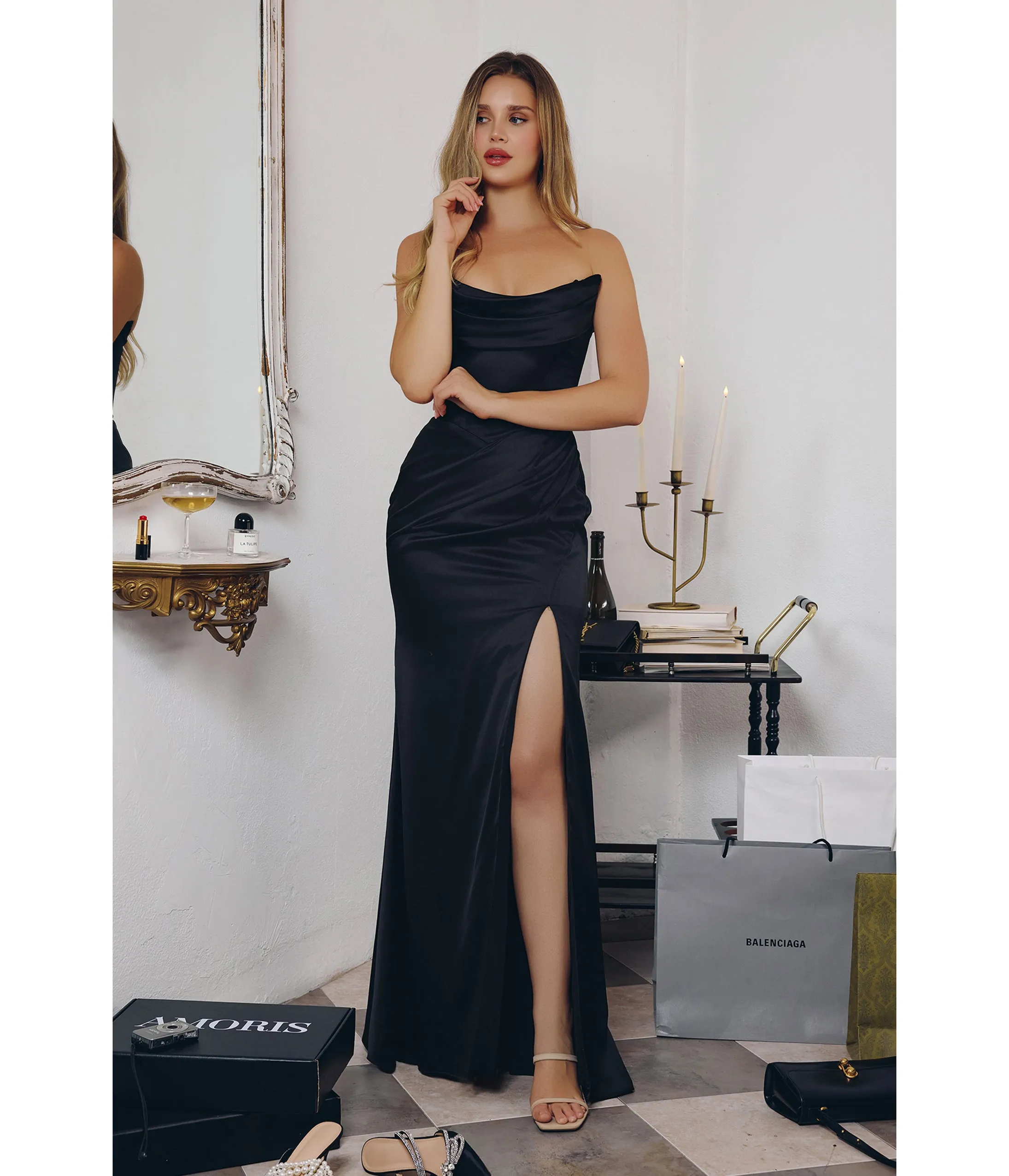 LaDivine by Cinderella Divine Black Draped Neck Strapless-Optional Gown with High Slit sold by Unique Vintage