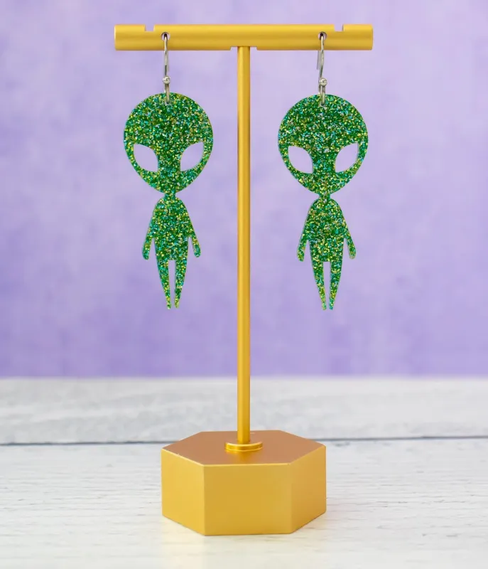 Green Glitter Alien Earrings made by Unique Vintage