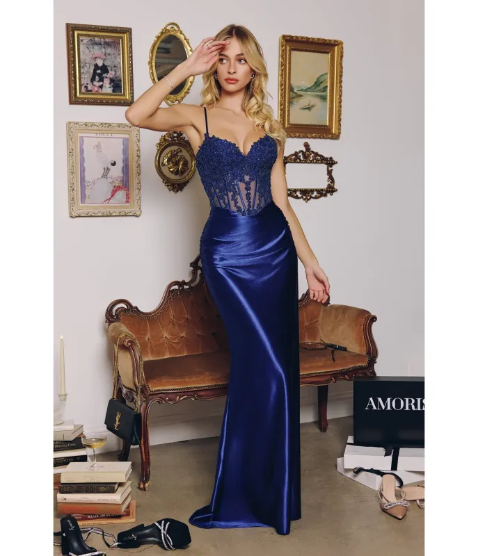 LaDivine by Cinderella Divine Navy Embellished Corset Mermaid Gown with Lace-Up Back sold by Unique Vintage