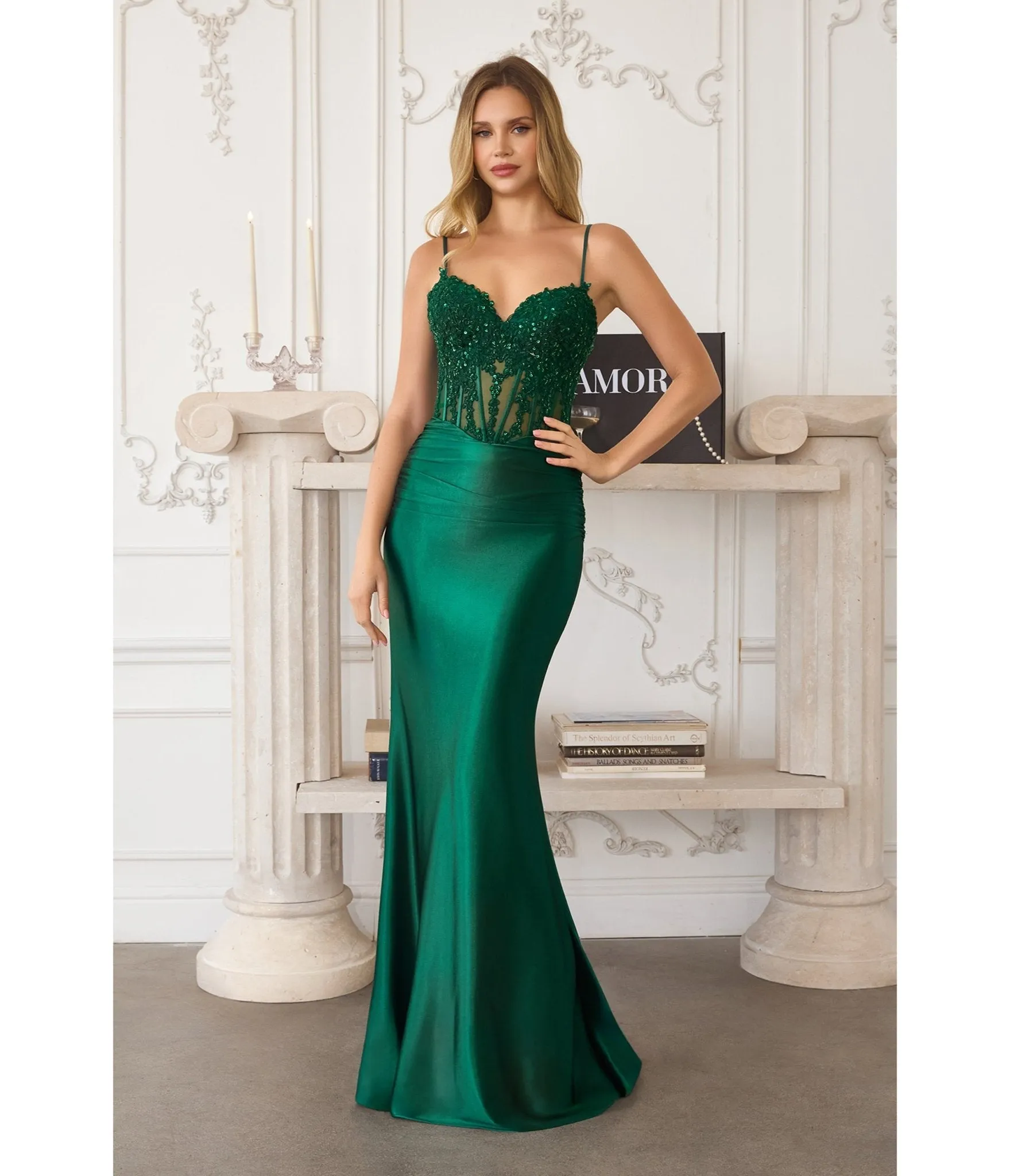 LaDivine by Cinderella Divine Emerald Embellished Corset Mermaid Gown with Lace-Up Back sold by Unique Vintage